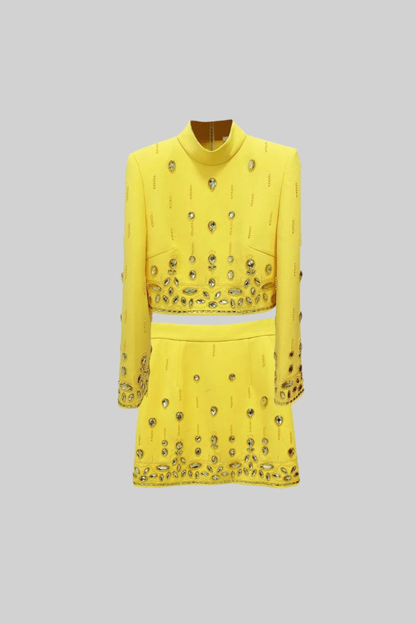 Diamond Embellished Co-Ord with Mini Skirt- Yellow