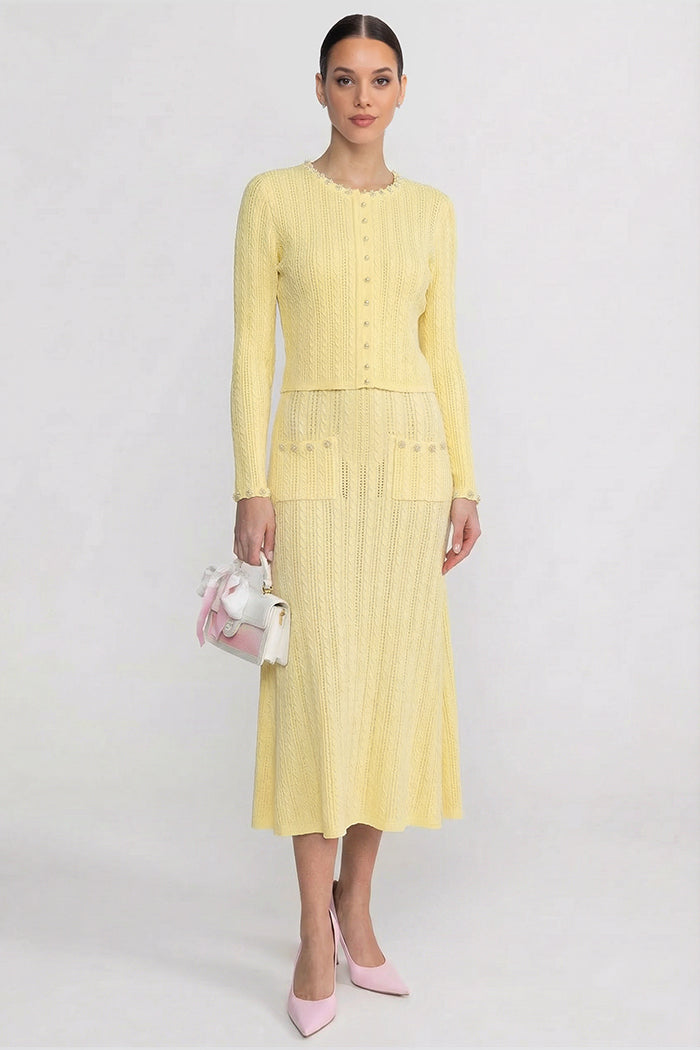 Ribbed Knit Dress and Cardigan Set With Pearl Button Detailing - Yellow