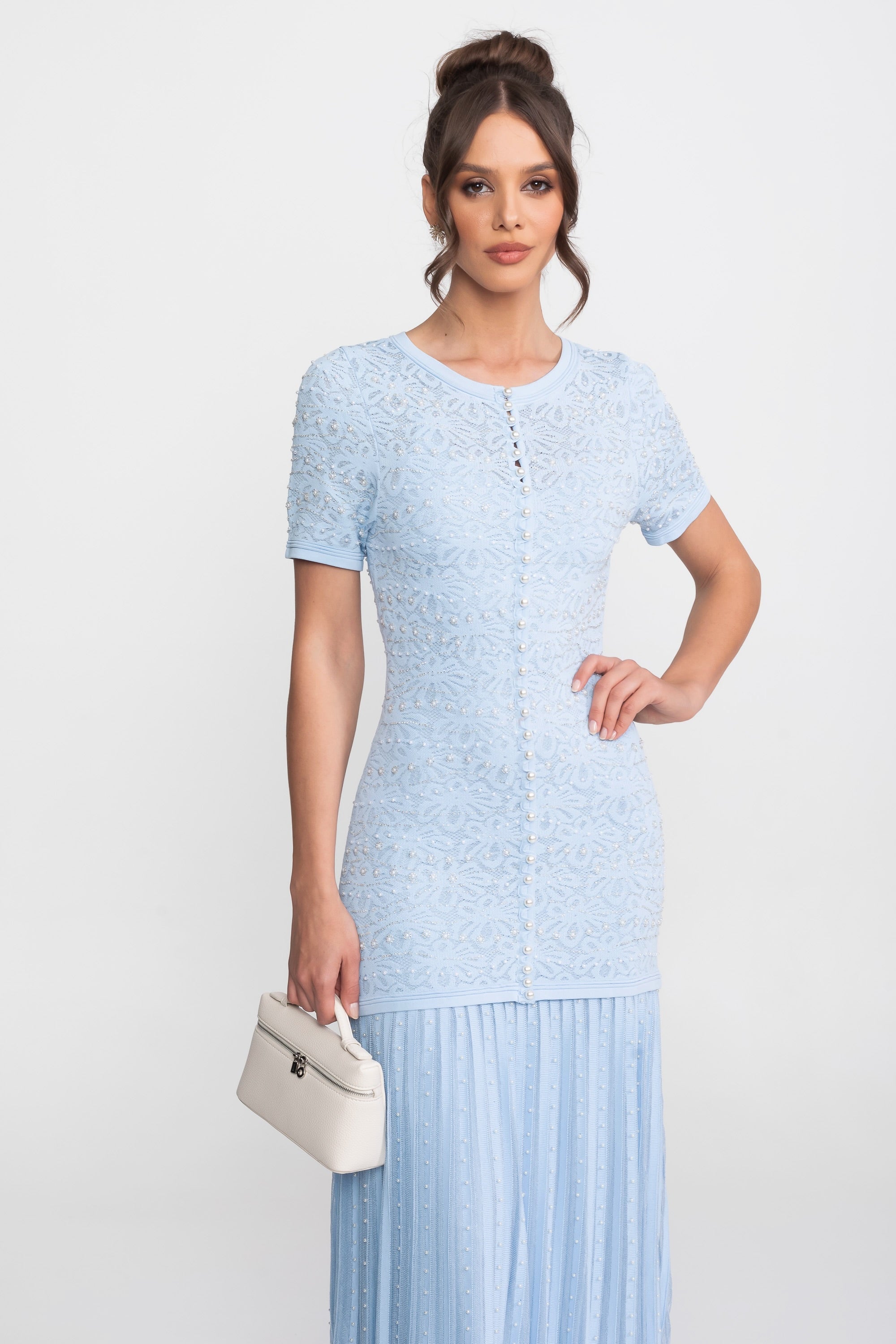 Short Sleeve Maxi Dress With Pearl Embellishments - Powder Blue
