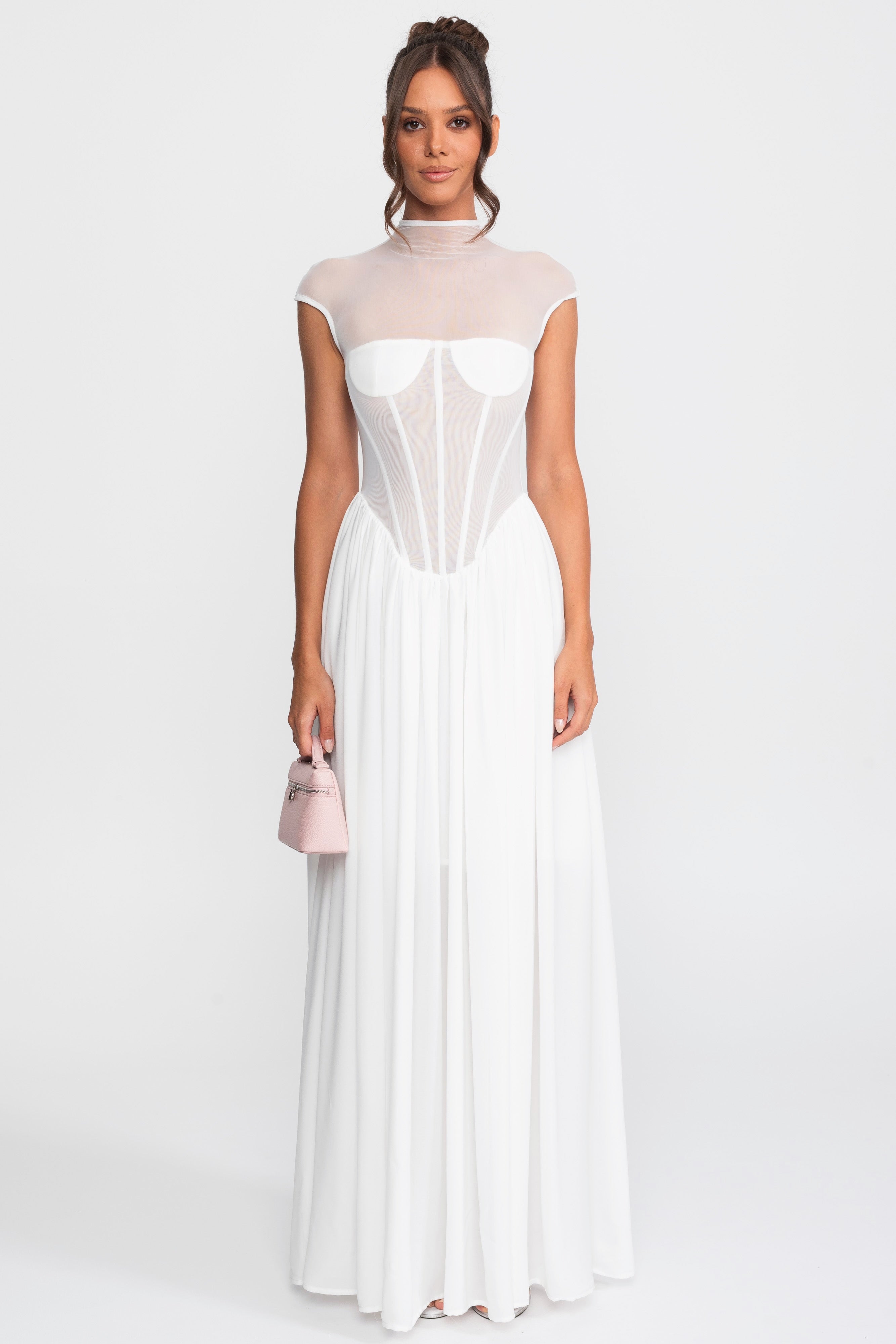 Sheer Corset Maxi Dress With Cap Sleeves - White