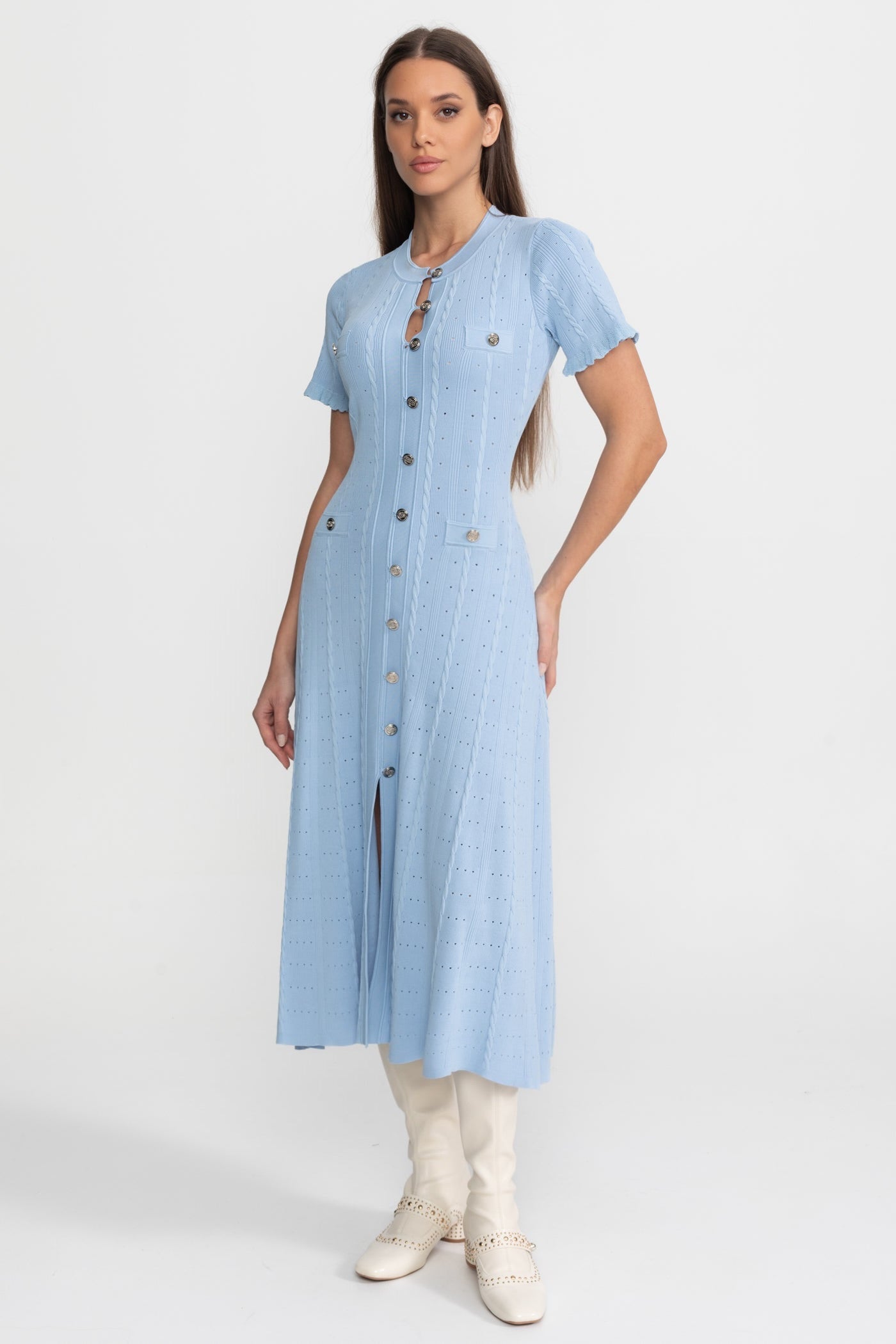 Knit Button-Front Midi Dress with Scalloped Sleeves – Baby Blue