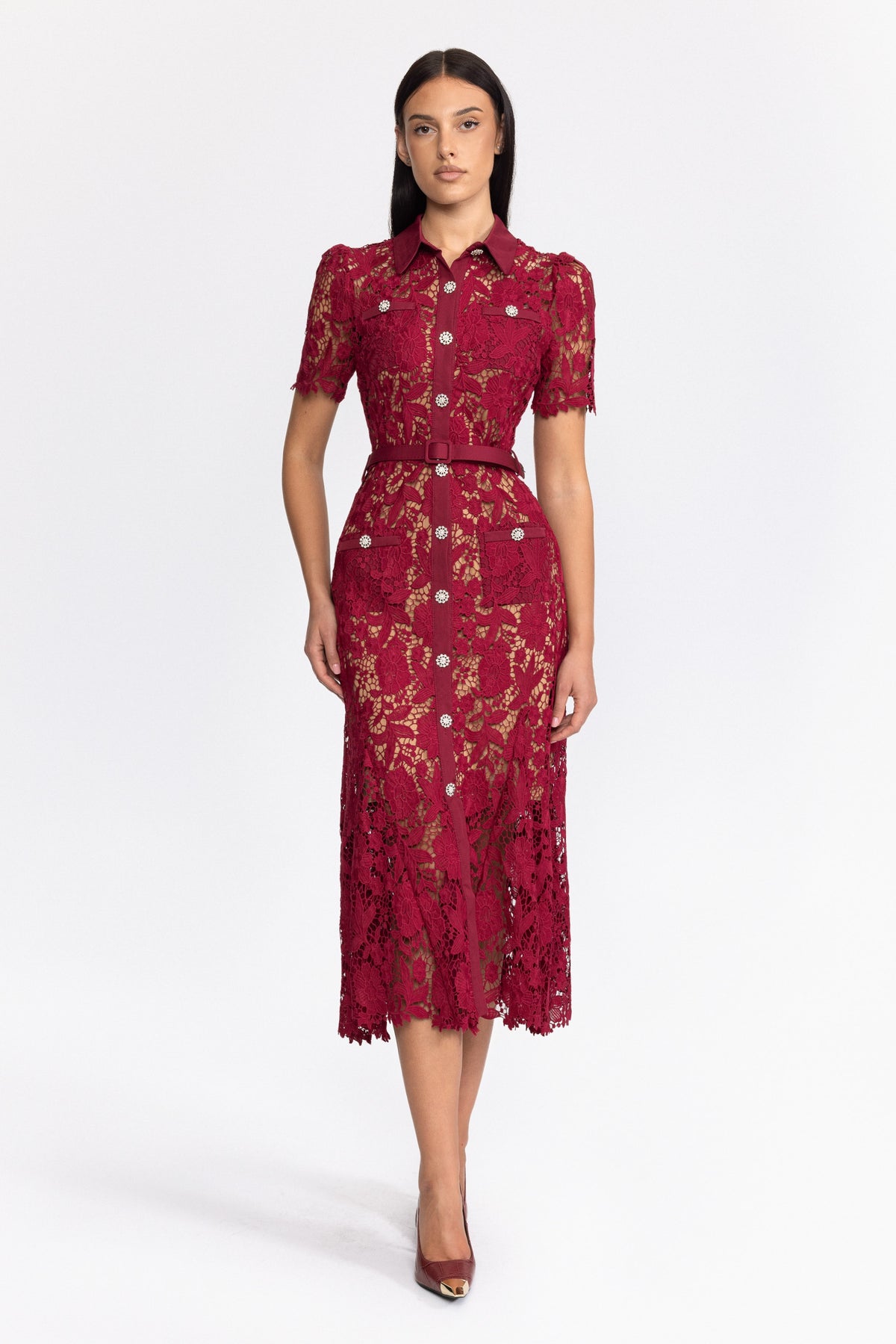 Guipure Lace Crystal Button Shirt Midi Dress - Wine