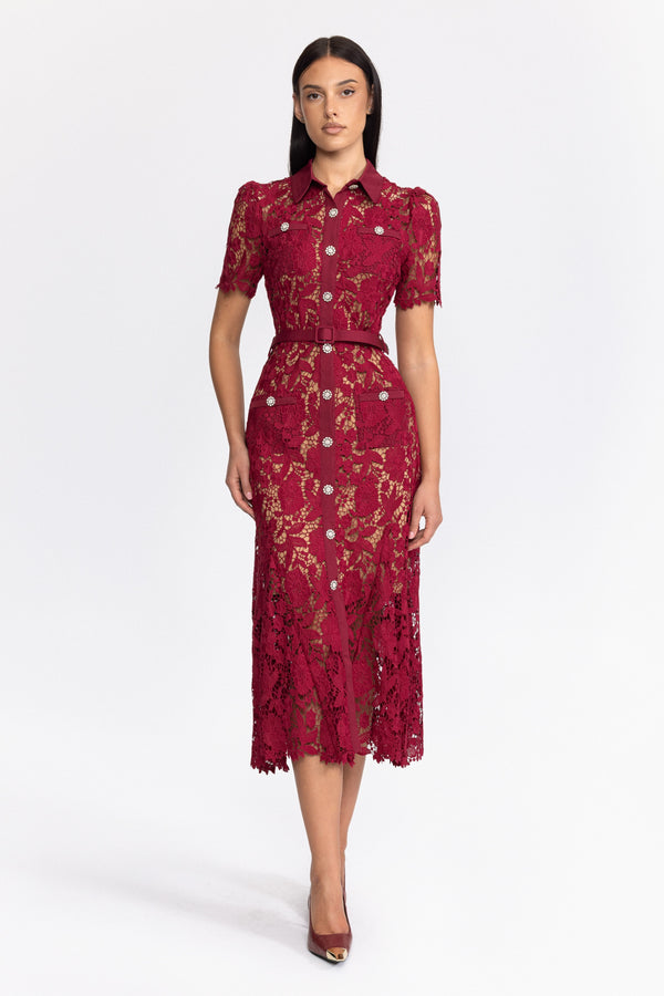 Guipure Lace Crystal Button Shirt Midi Dress - Wine