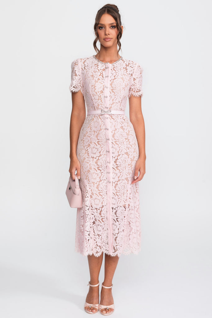 Elegant Floral Lace Fitted Dress with Button Detail and Scalloped Hem - Blush Pink