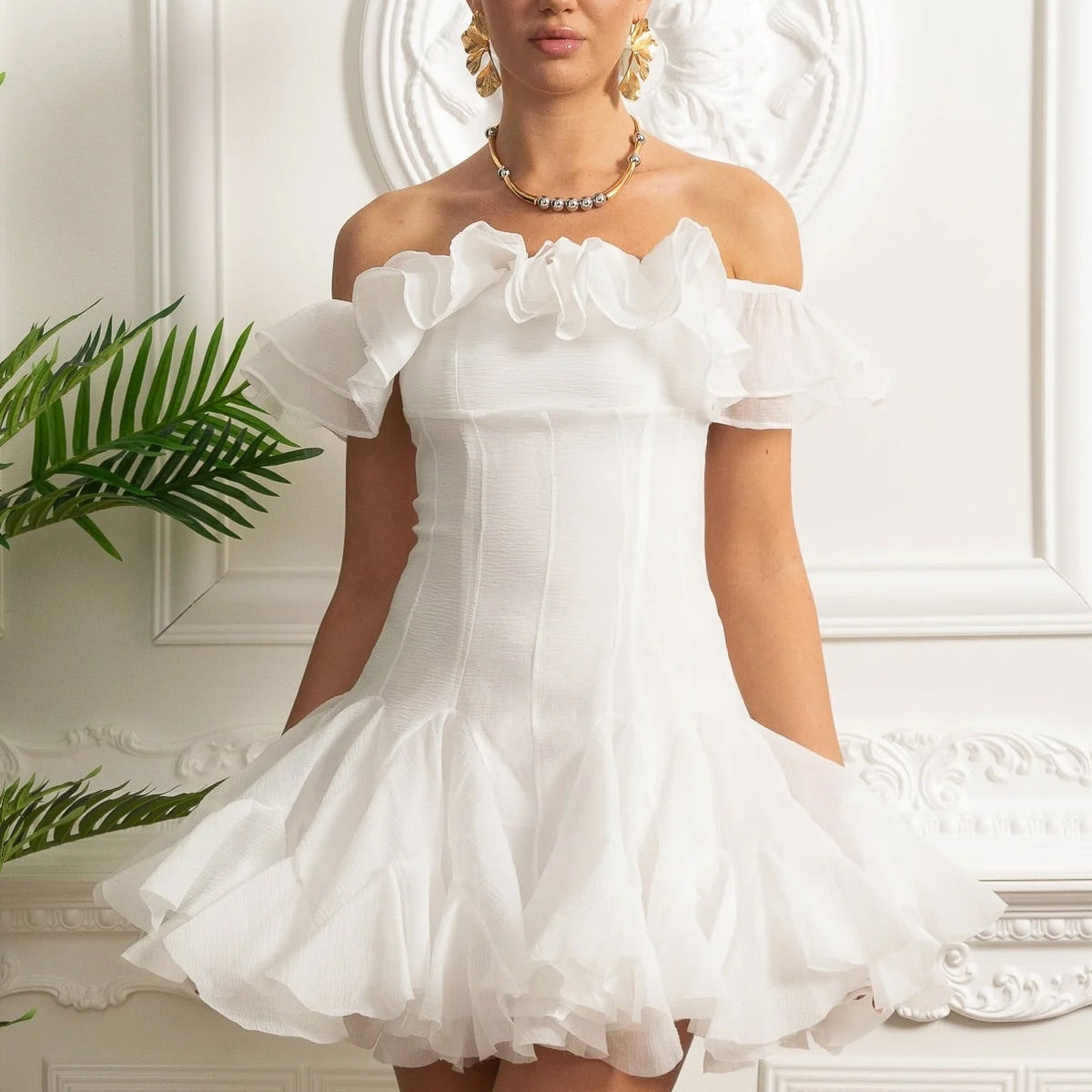 Off-Shoulder Mini Dress with Ruffled Organza Trim