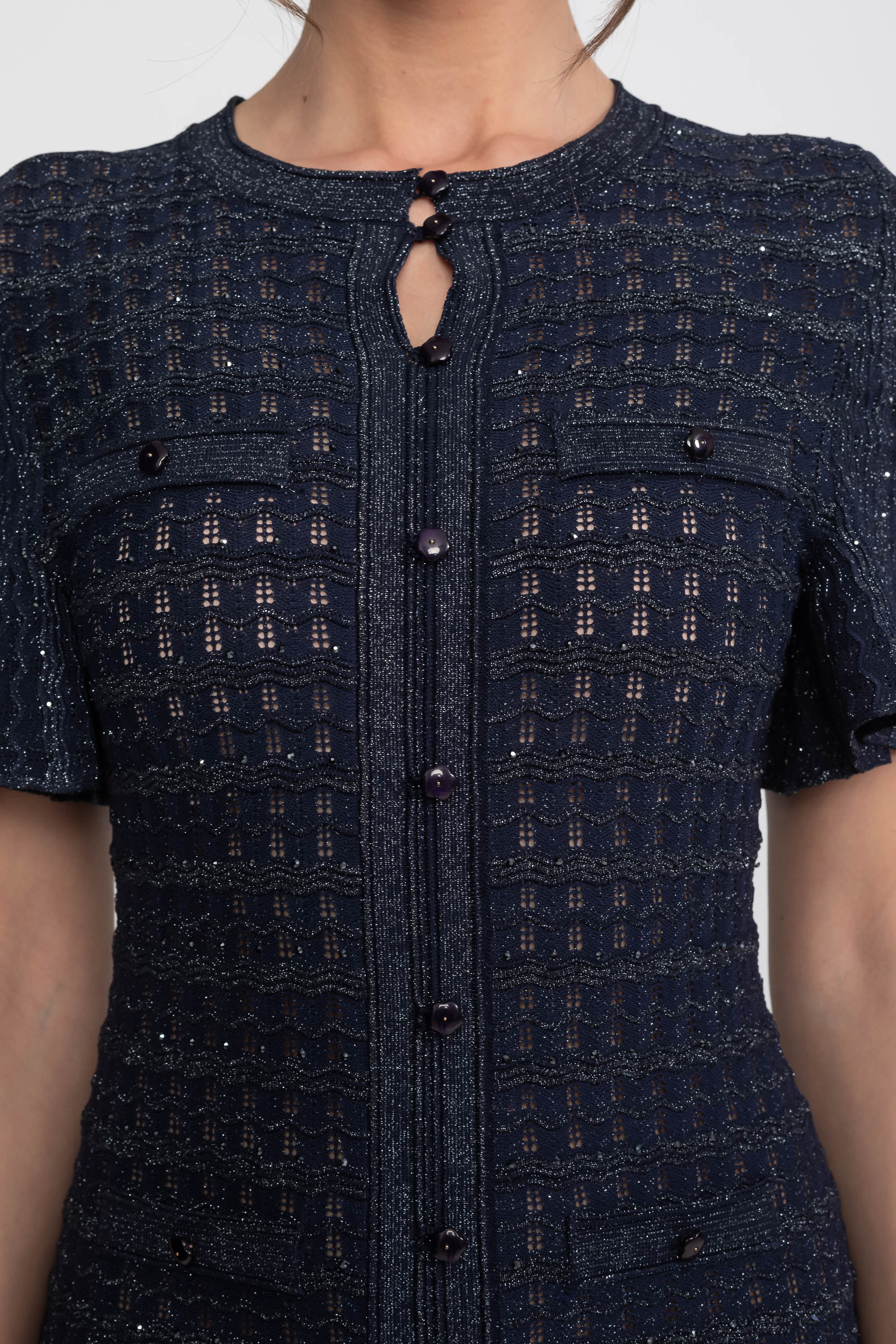 Short Sleeve Midi Dress With Shimmer Knit Texture - Navy