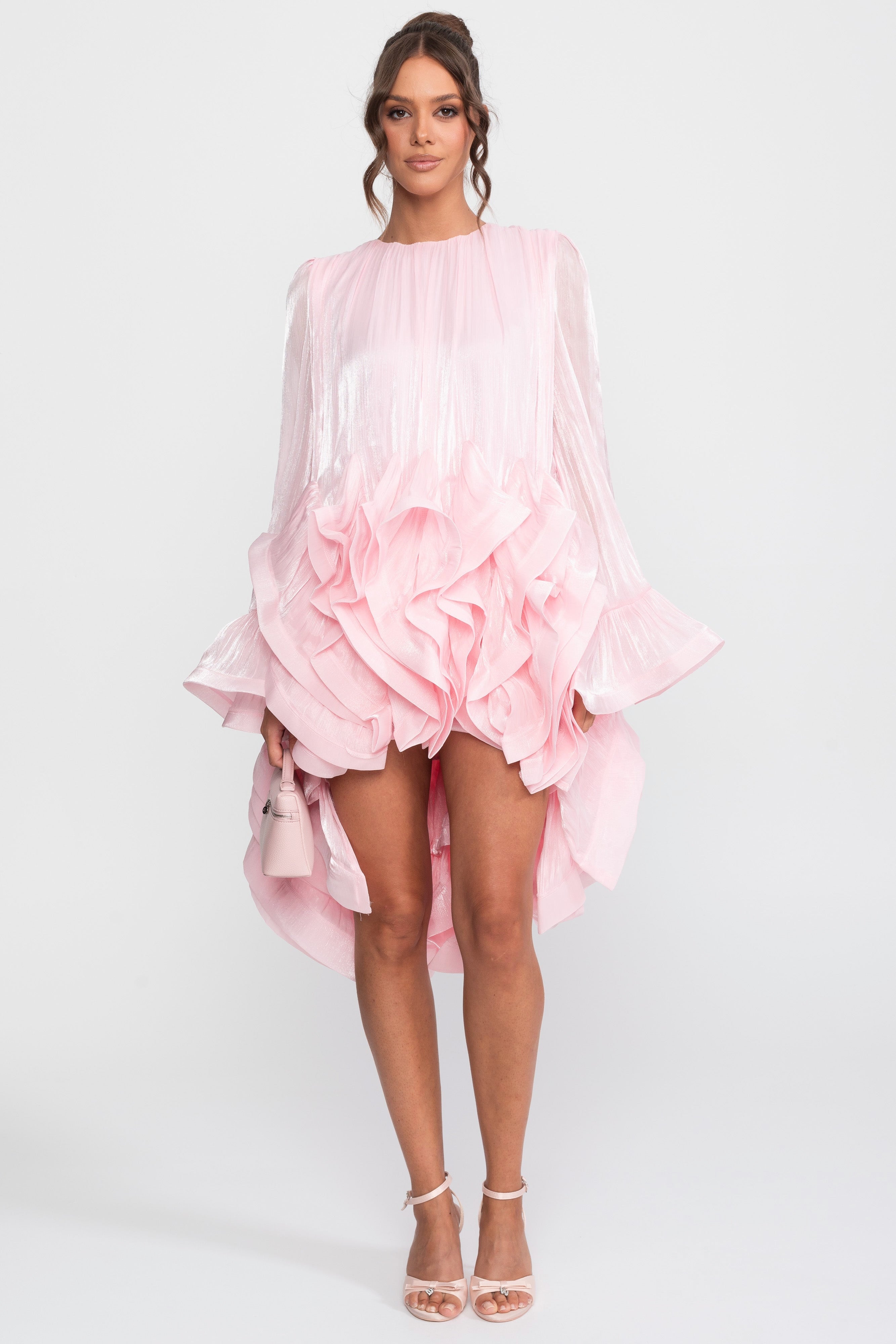 Asymmetric Ruffle Hem Mini Dress With Satin Finish - Pink