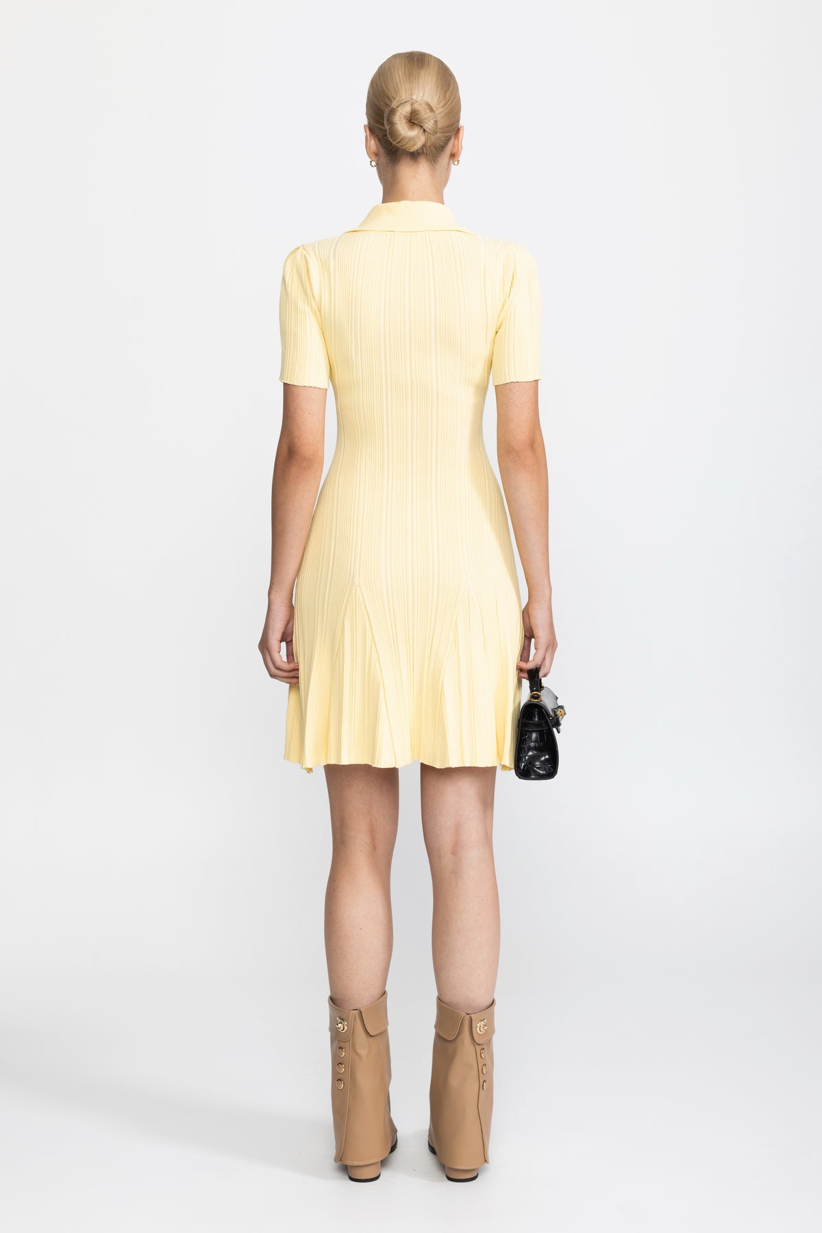 Polo Collar Rib Knit Mini Dress with Gold Buttons - Yellow