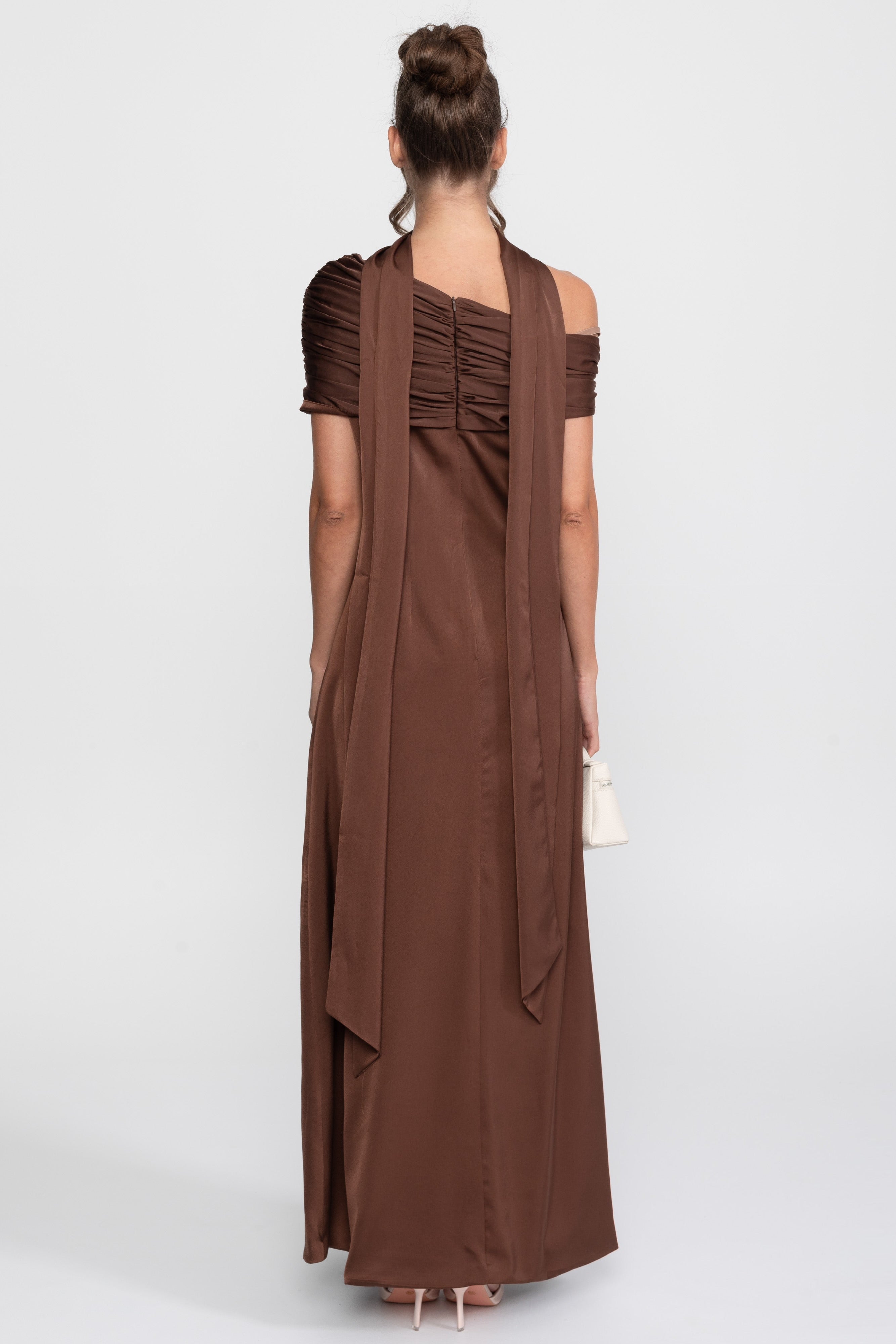 One-Shoulder Draped Satin Gown With Ruched Wrap - Brown