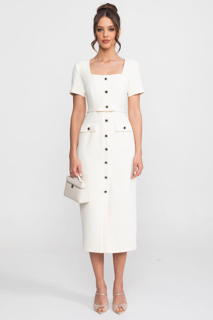 Square-Neck Button-Through Midi Dress With Jewel Buttons - White