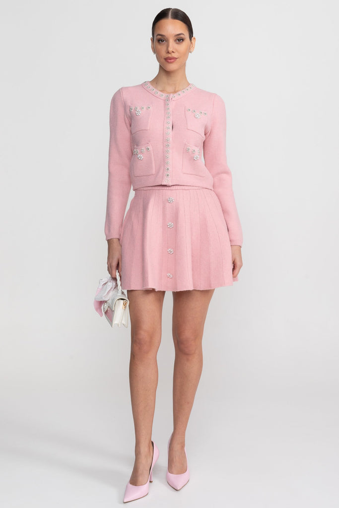 Knit Co-Ord Set With Long Sleeve Cardigan And Matching Mini Skirt - Blush Pink