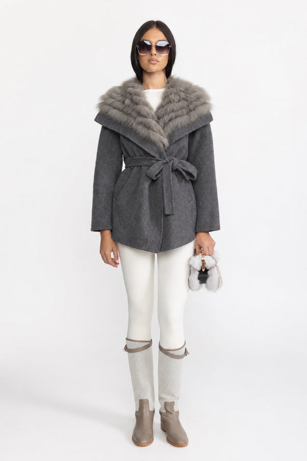 Wool Coat with Oversized Fur Collar And Belt - Gray