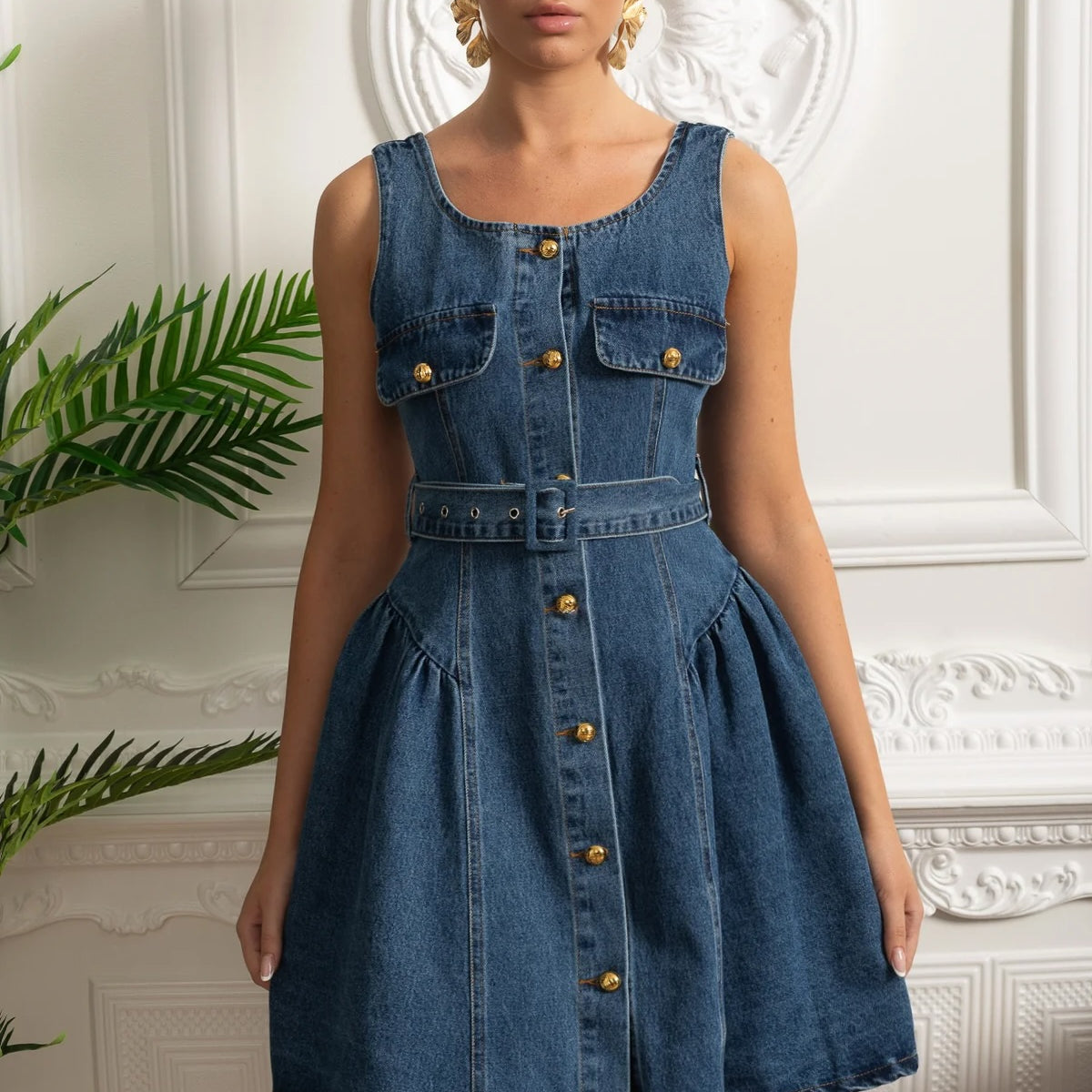 Belted Denim Button-Front Mini Dress