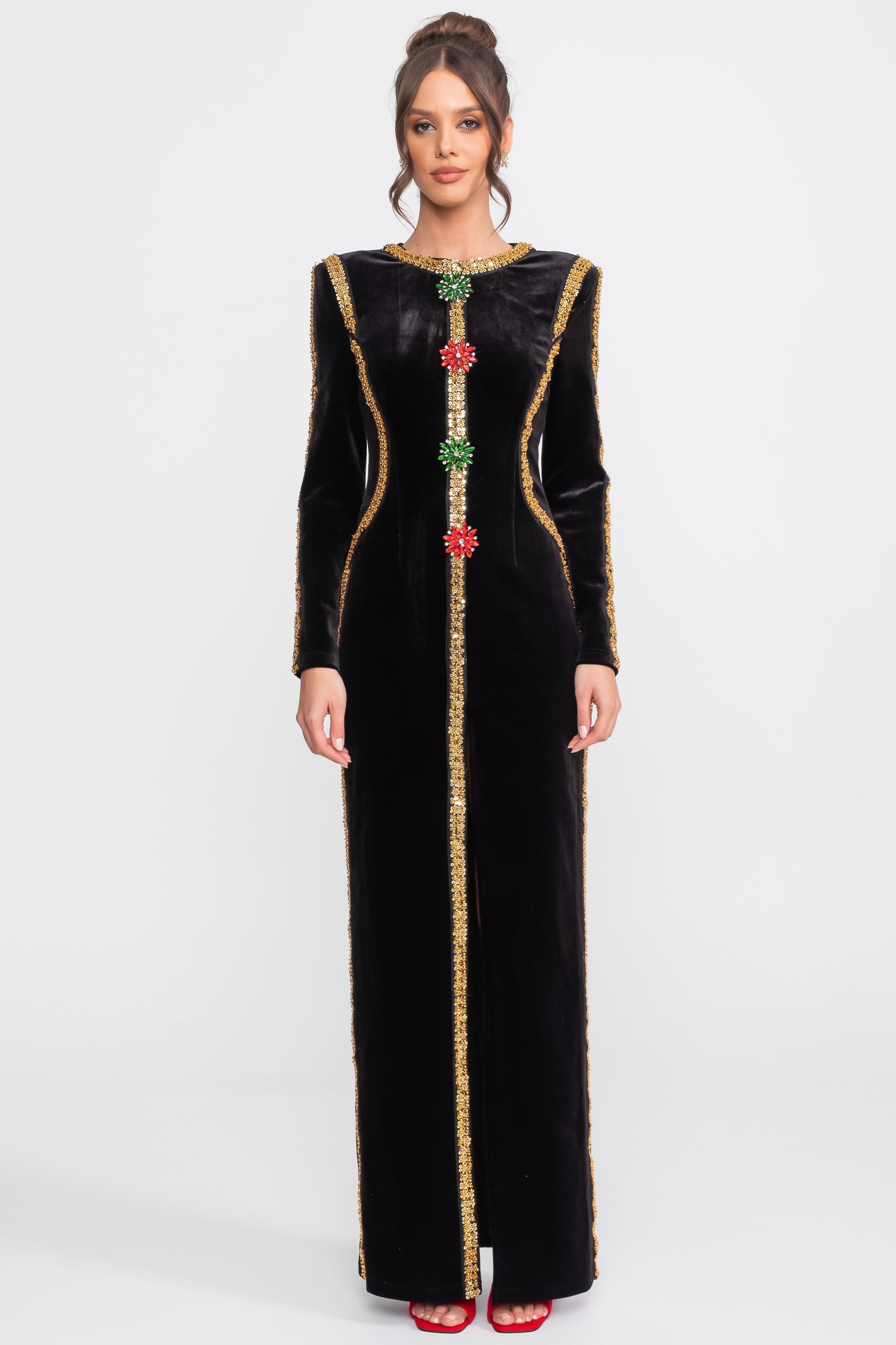 Velvet Maxi Dress With Gold Sequin Trim And Crystal Brooch Detail - Black
