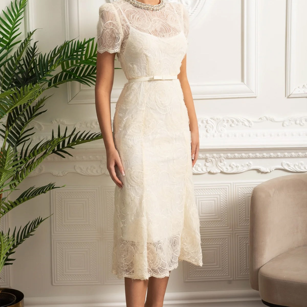 Midi Lace Dress with Short Sleeves and Delicate Waist Belt