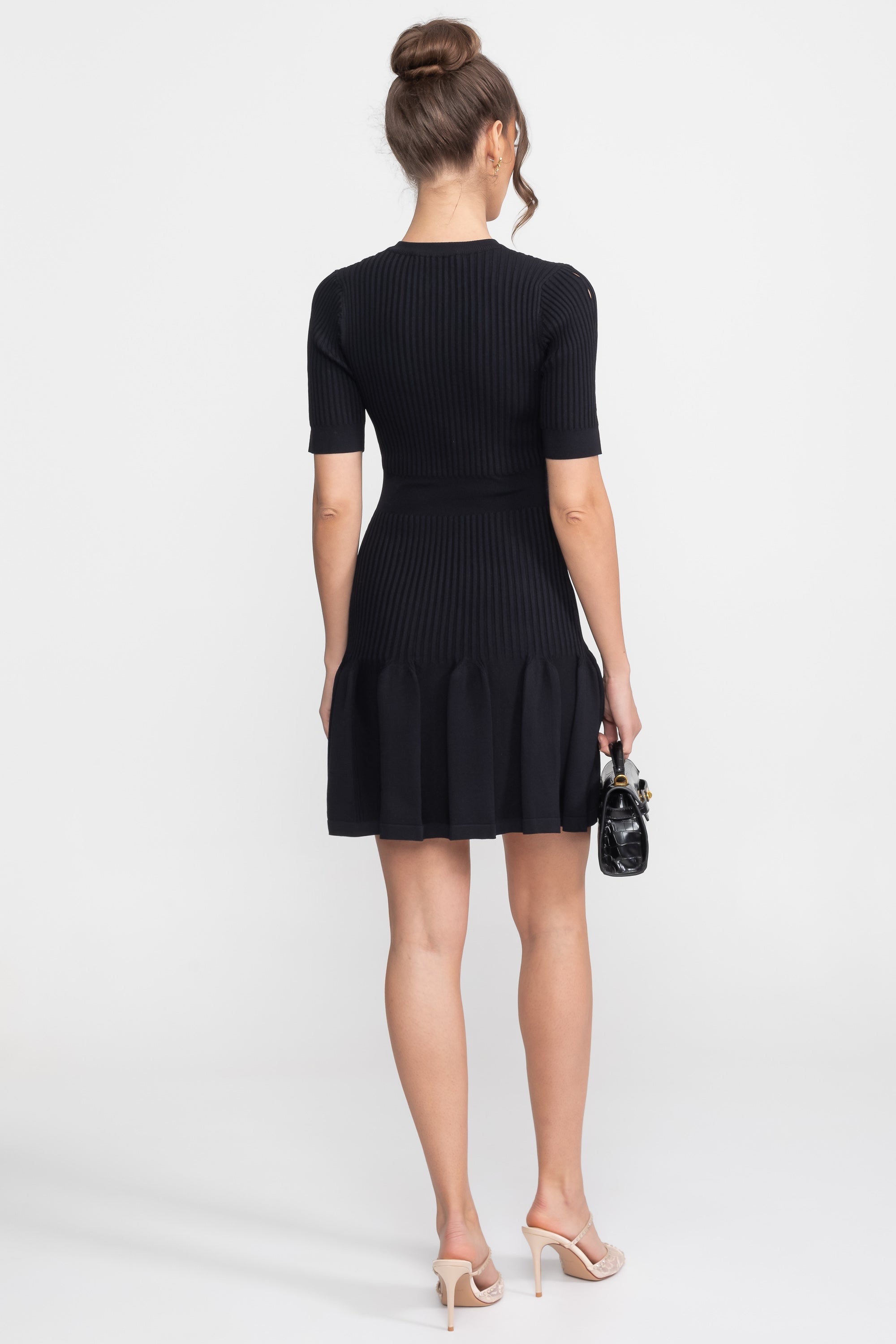 Ribbed Knit Mini Dress With Gold Button Keyhole Neckline - Black
