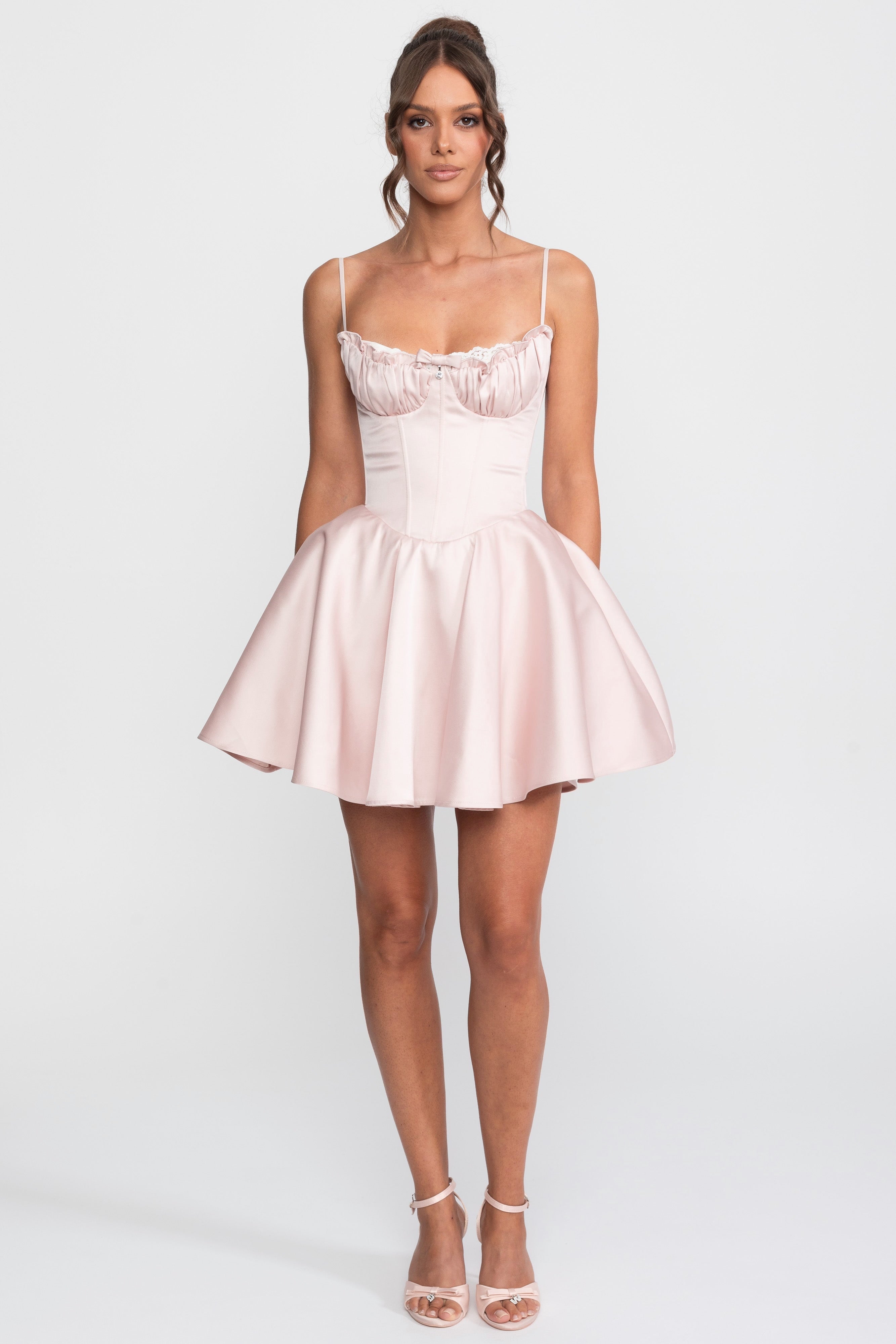 Ruffled Sweetheart Fit-and-Flare Dress With Lace Trim - Pink