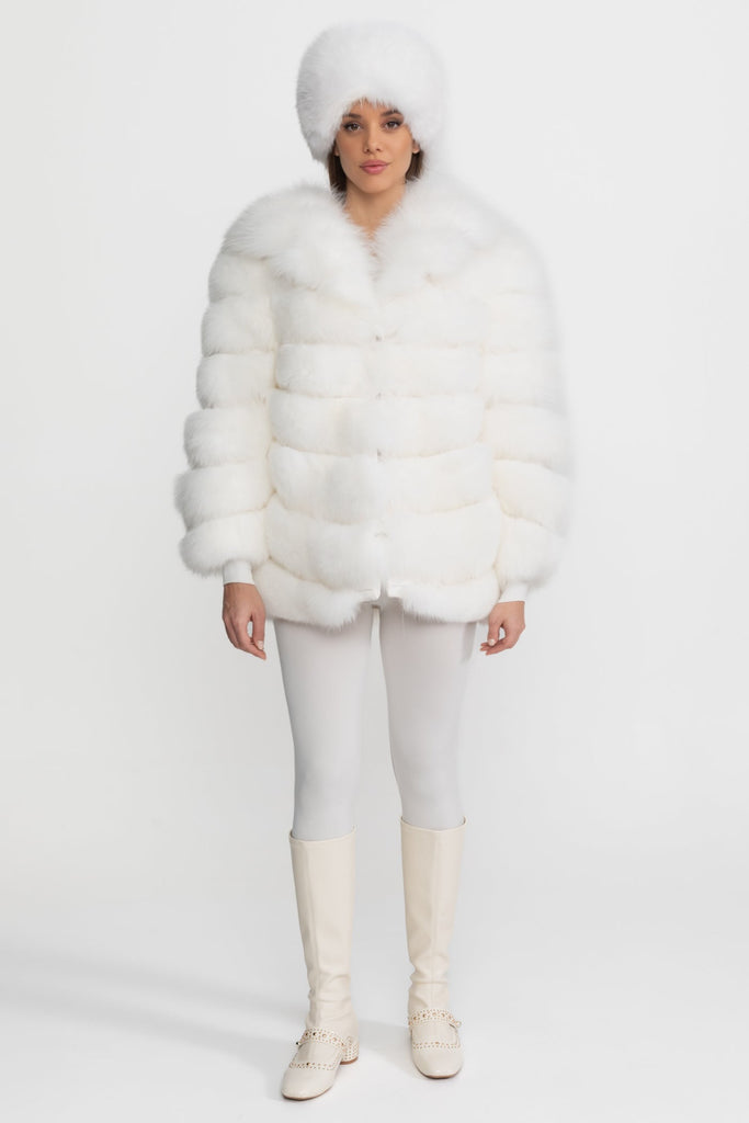 Tiered Fox Fur Jacket With Oversized Shawl Collar – White