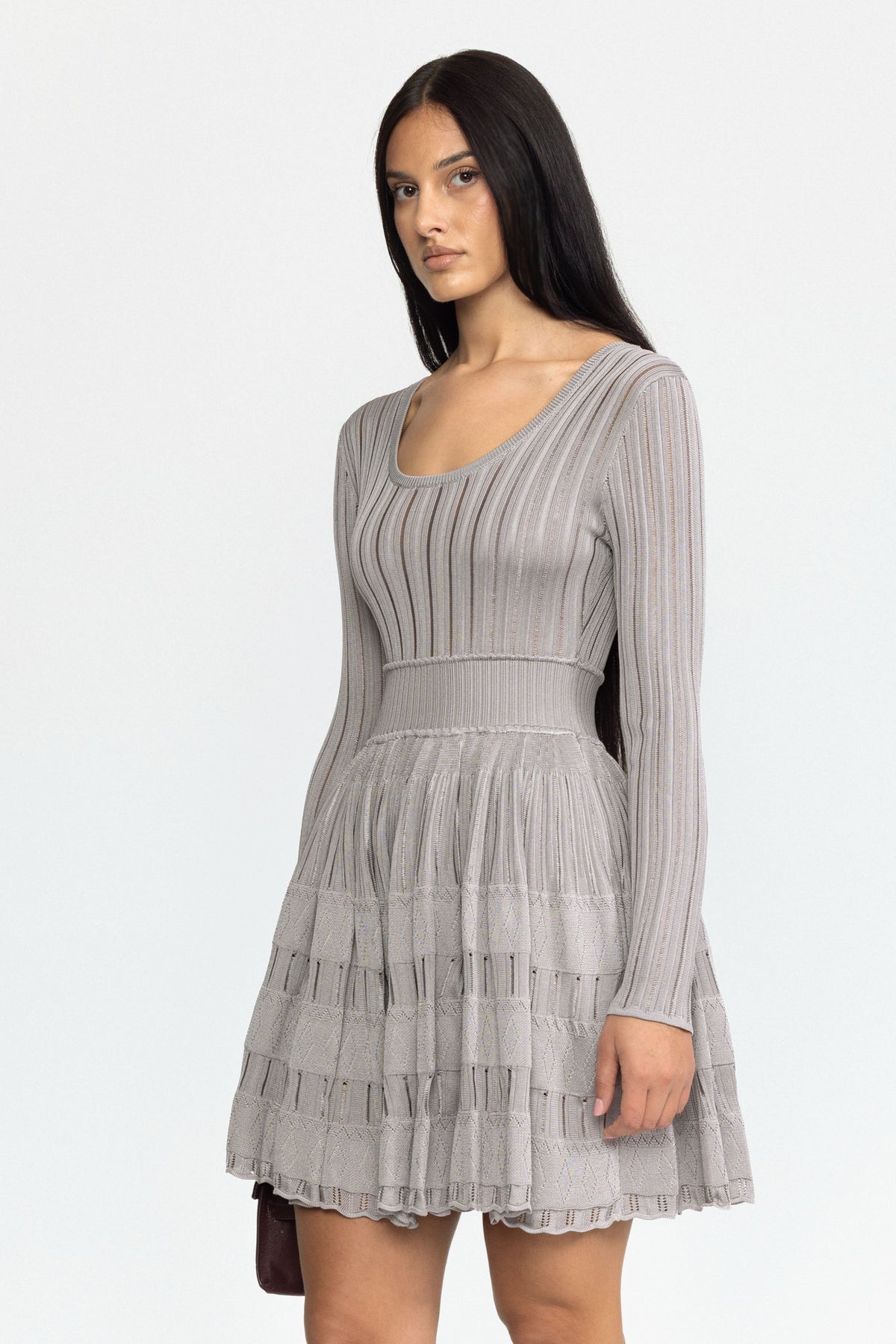 Ladder Knit Scoop Neck Skater Mini Dress - Grey