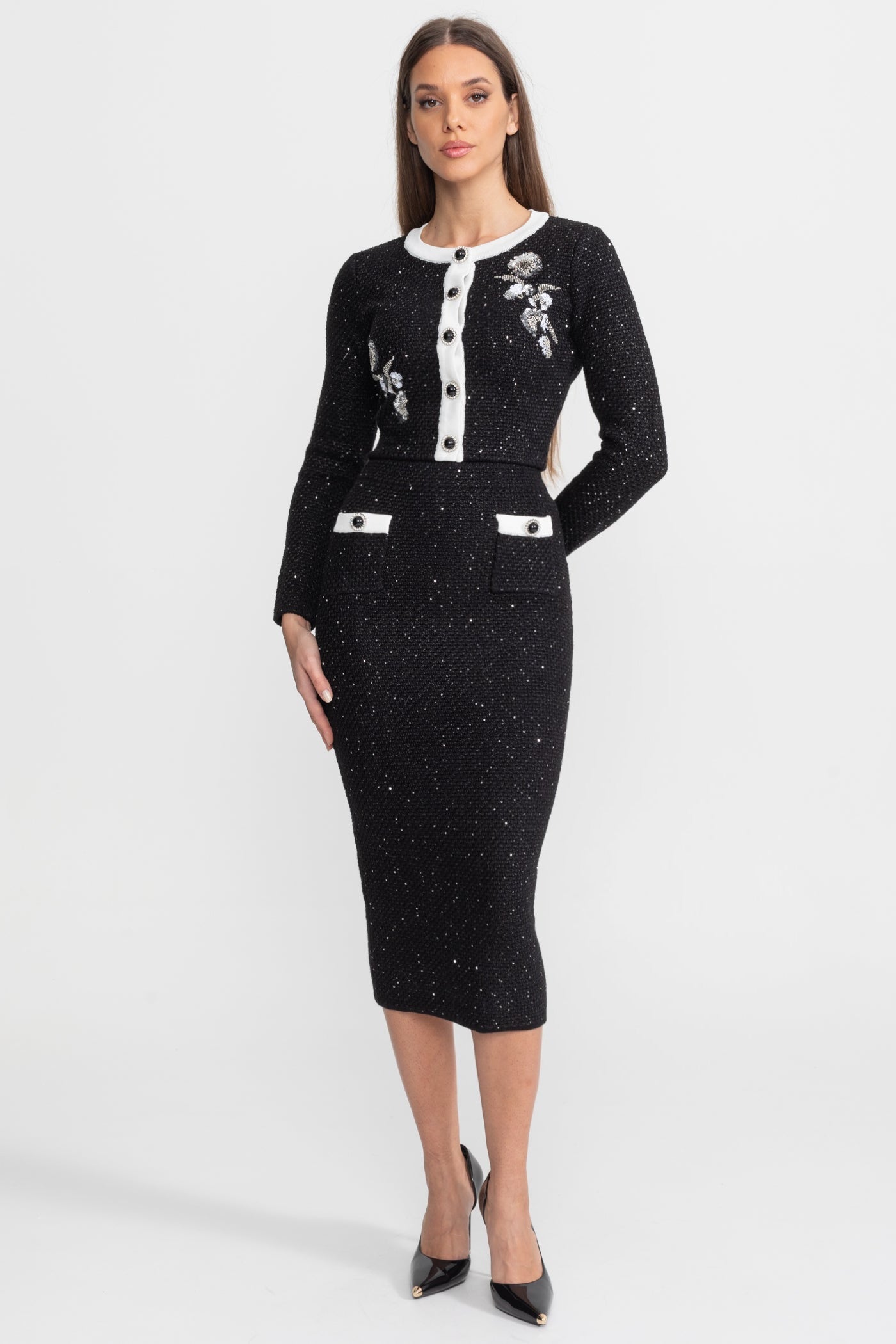 Embroidered Tweed Knit Co-Ord Set with Contrast Trim – Black