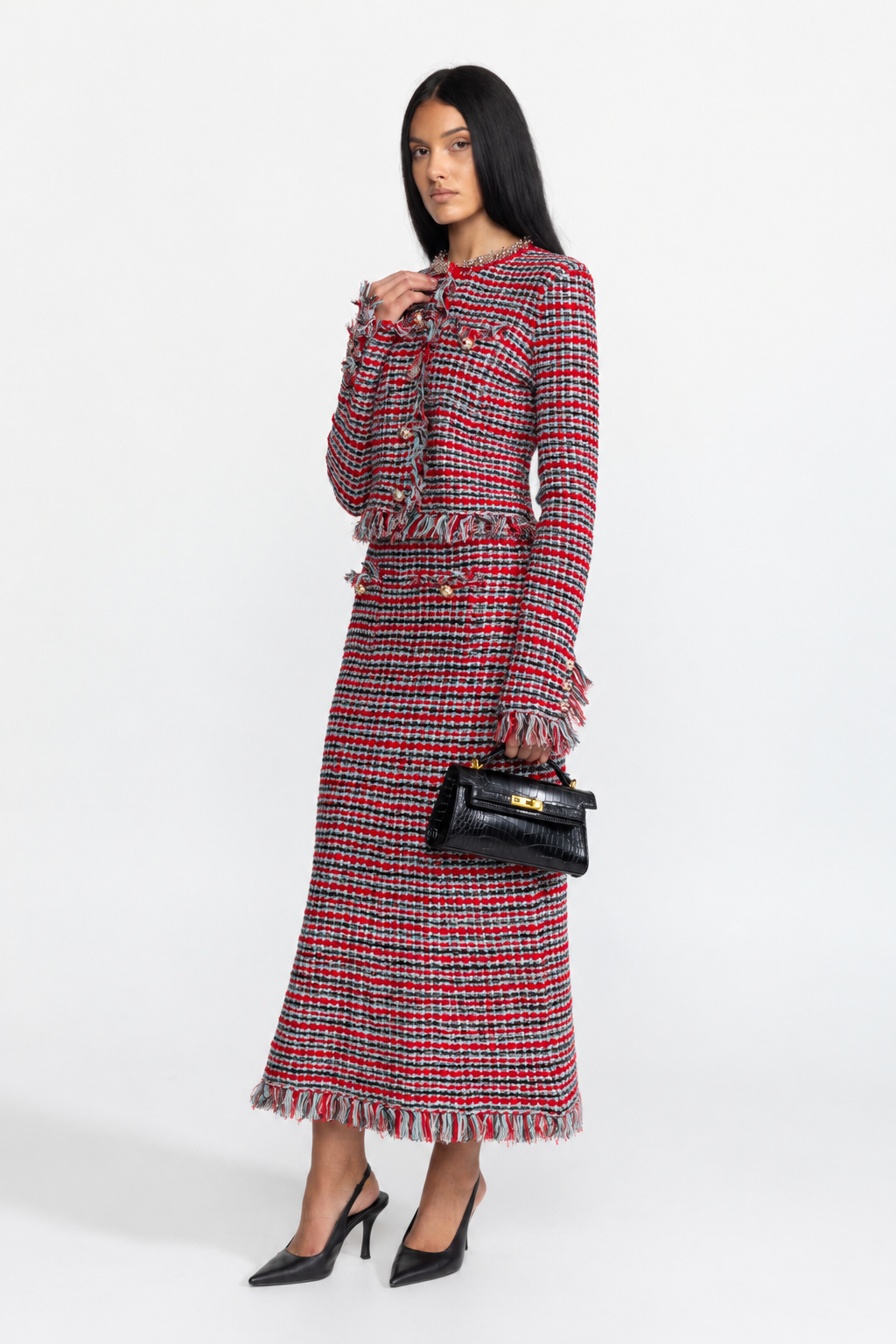 Fringed Tweed Jacket and Midi Skirt Co-ord Set - Red Multi