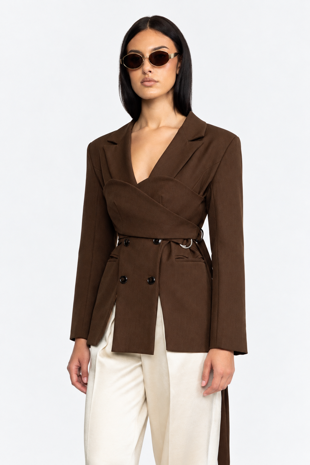 Bustier Wrap Double-Breasted Blazer - Brown