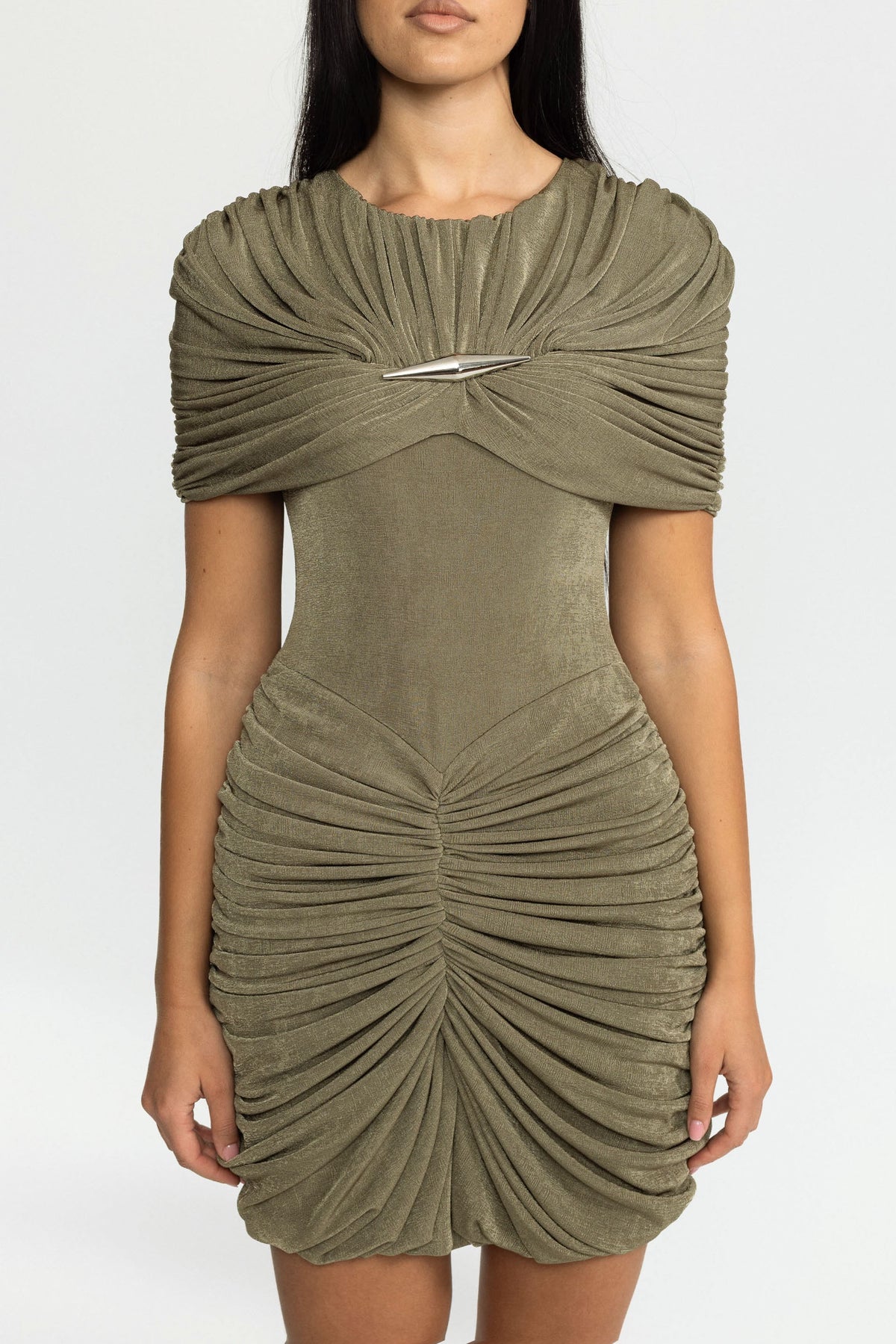 Draped Cape Ruched Mini Dress - Olive
