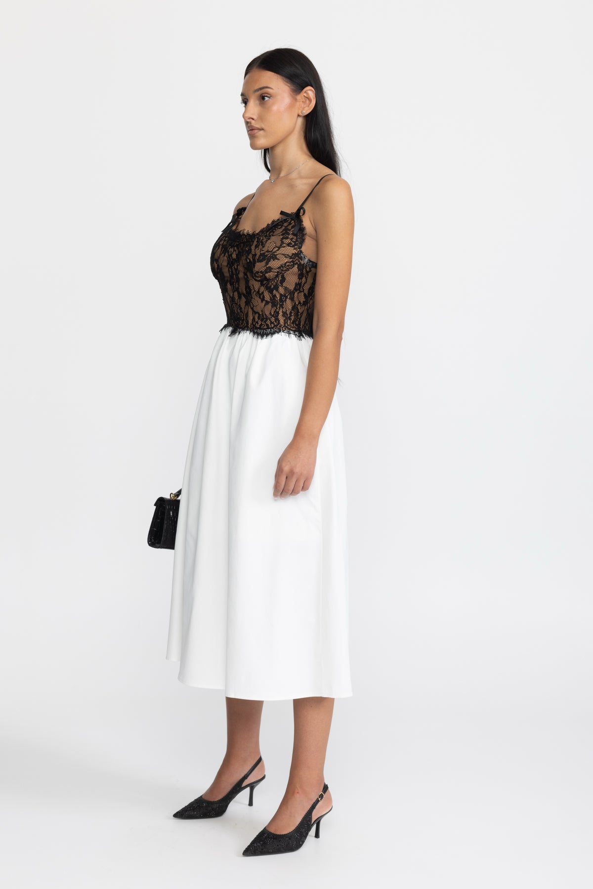 Lace Bustier Poplin Midi Dress - Black & White