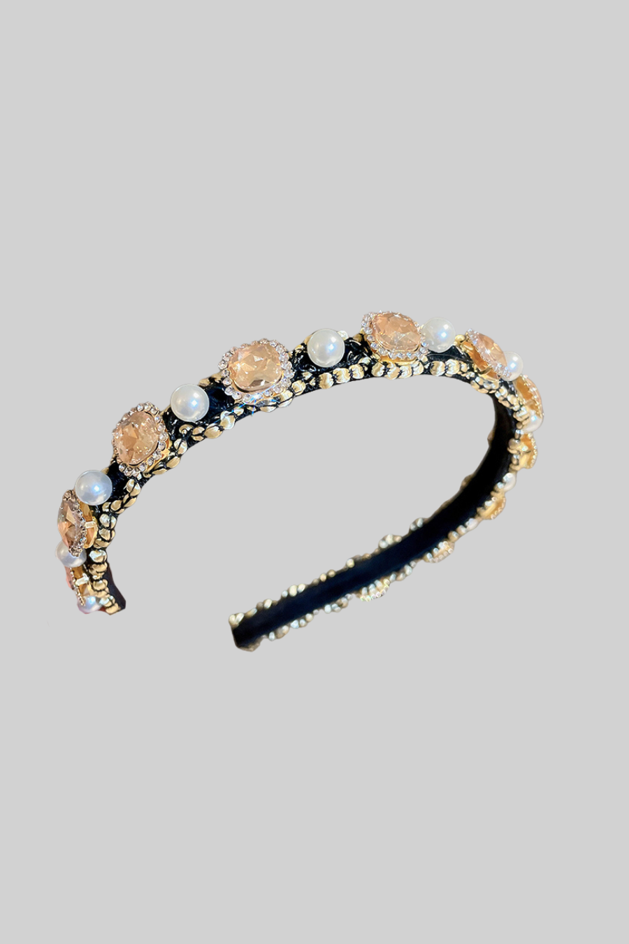 Elegant Gemstones And Pearls Headband - Beige