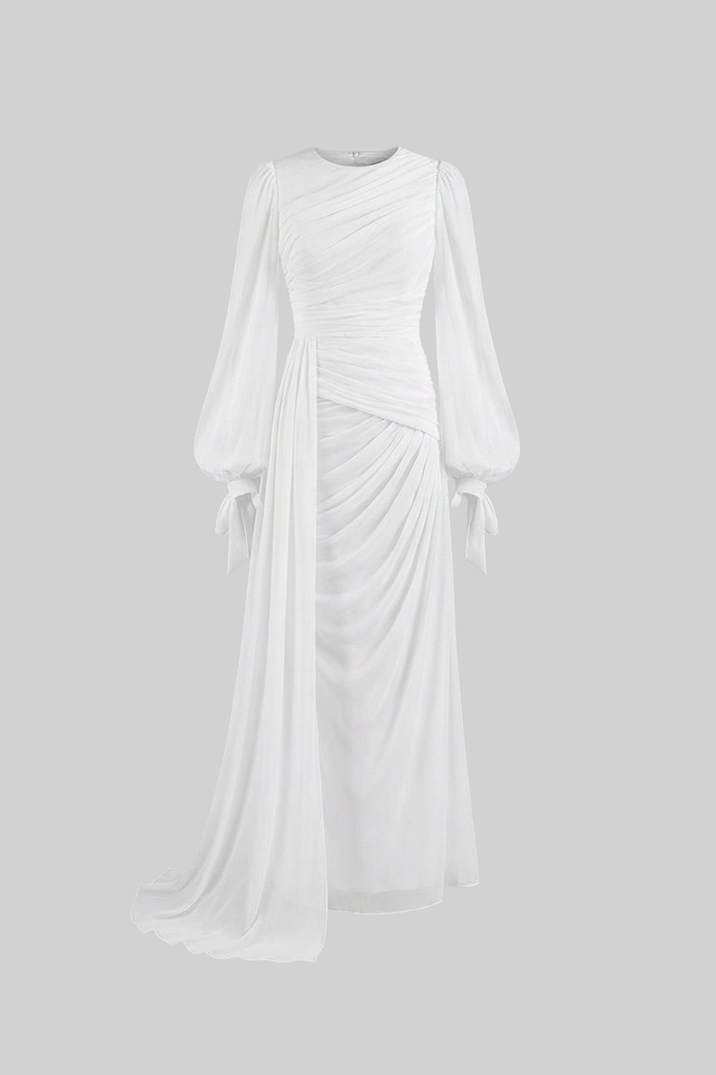 Draped Long-Sleeve Maxi Dress with Gathered Waist – White