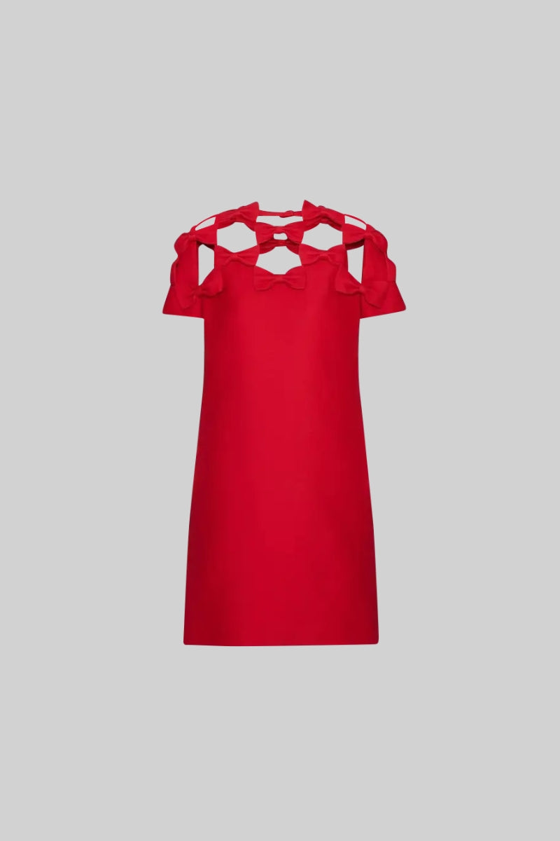 Short Sleeve Dress with Cutouts and Mini Bows - Red