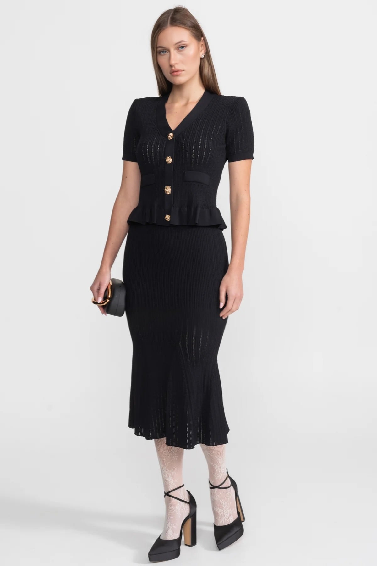 Knit Midi Co-Ord with Peplum Waist and Gold Buttons  – Black