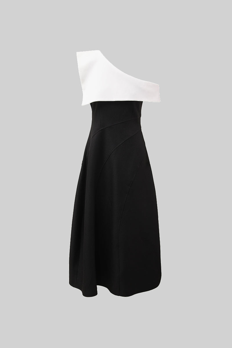 Asymmetric Off-Shoulder Midi Dress - Black