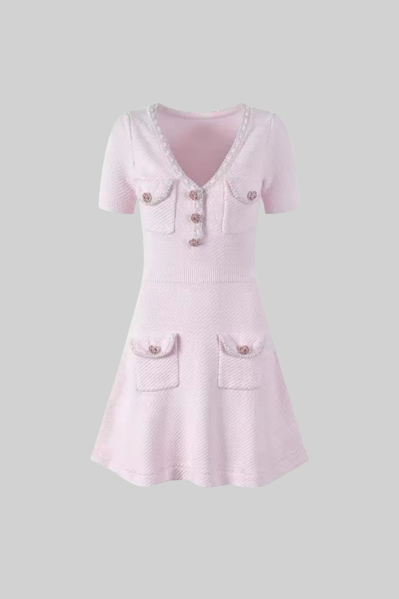 Textured Short Sleeve Mini Dress With V-Neckline And Jewel Buttons - Pink