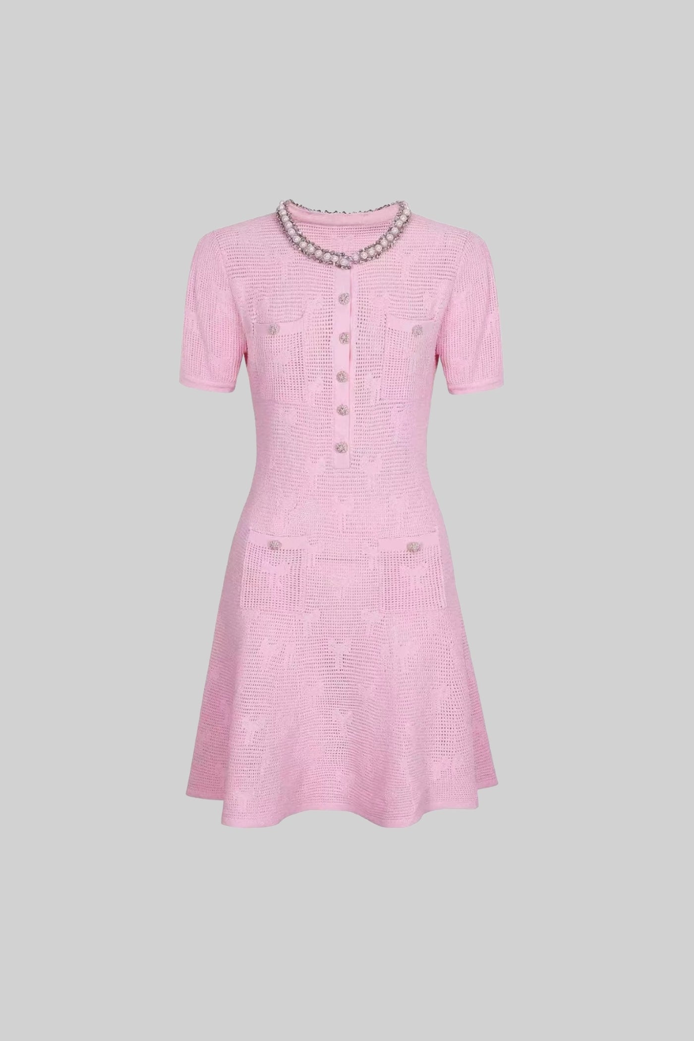 Textured Short Sleeve Mini Dress With Pearl Trim Neckline And Crystal Buttons - Pink