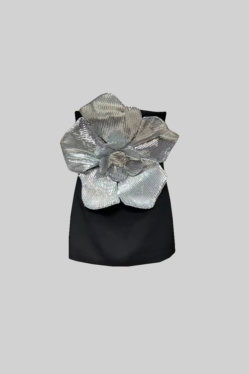 Voluminous Silver Flower Mini Dress - Black