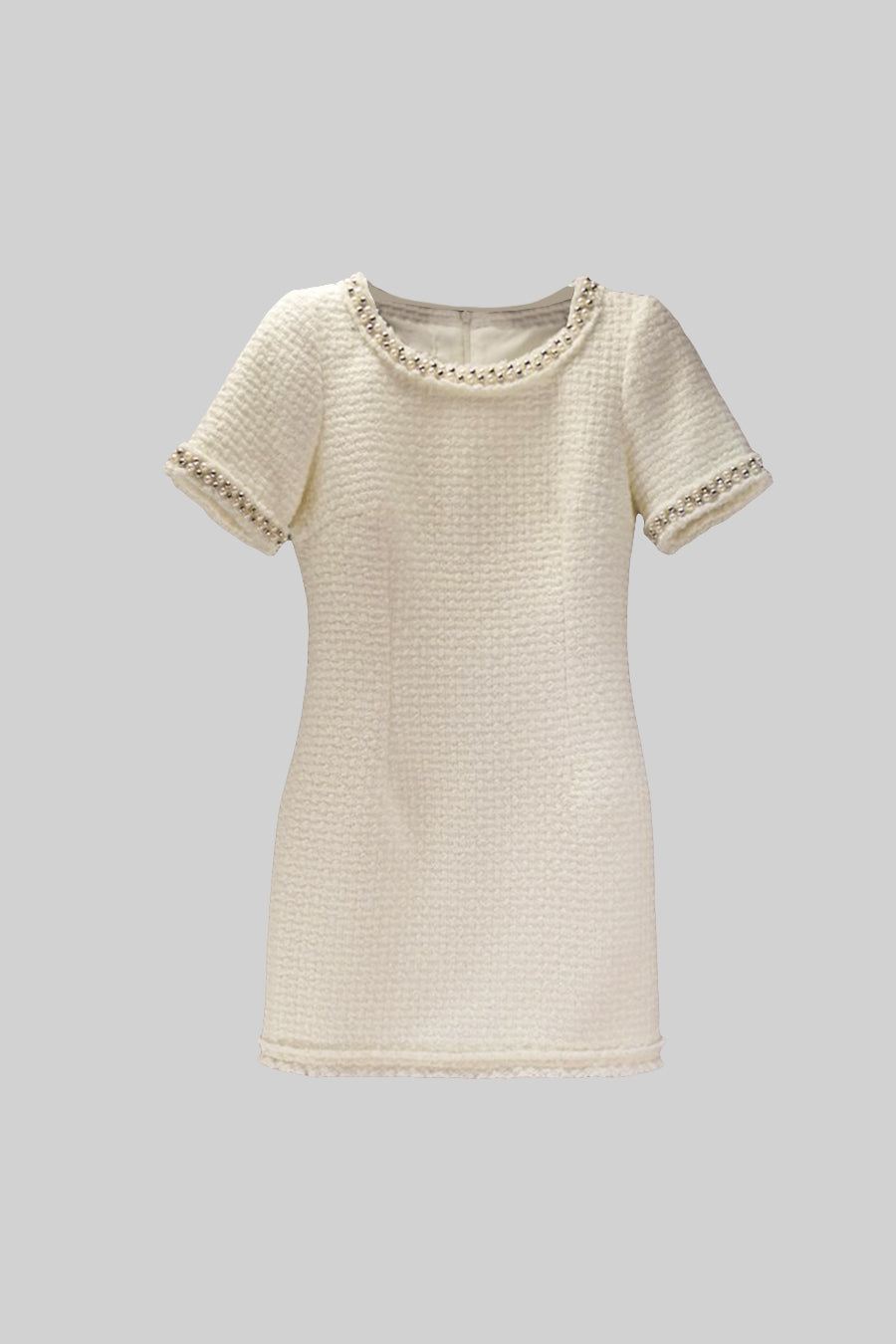 Short Sleeve Knitted Dress With Beaded Details - Ivoire