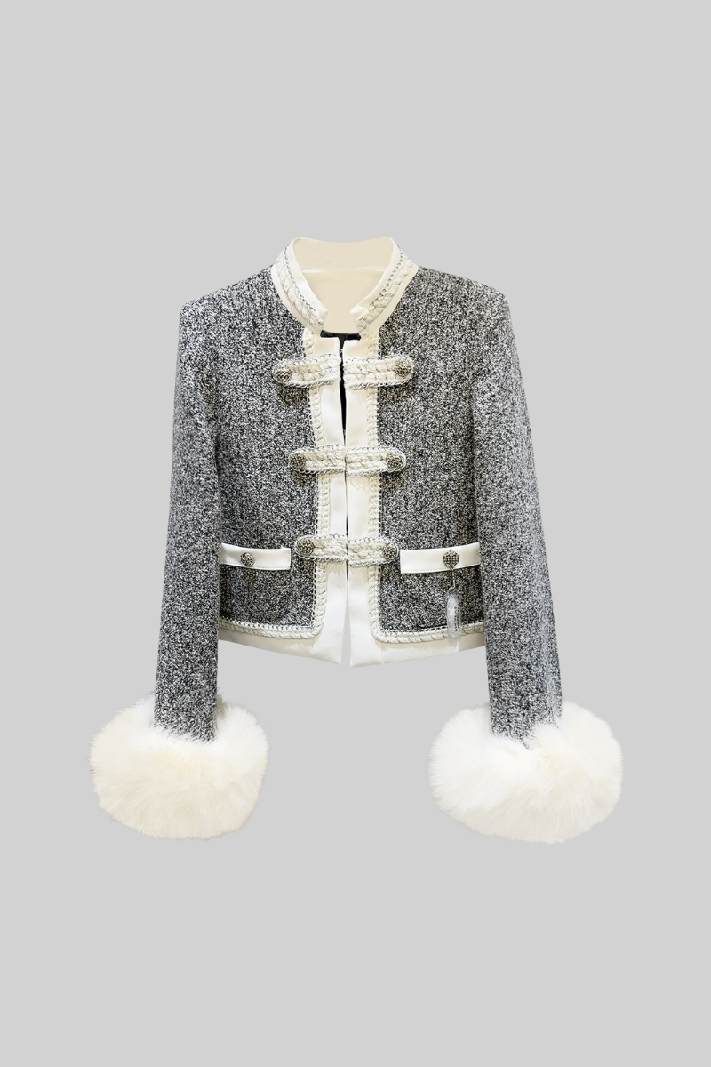 Faux Fur Blazer with Military Details - Gray