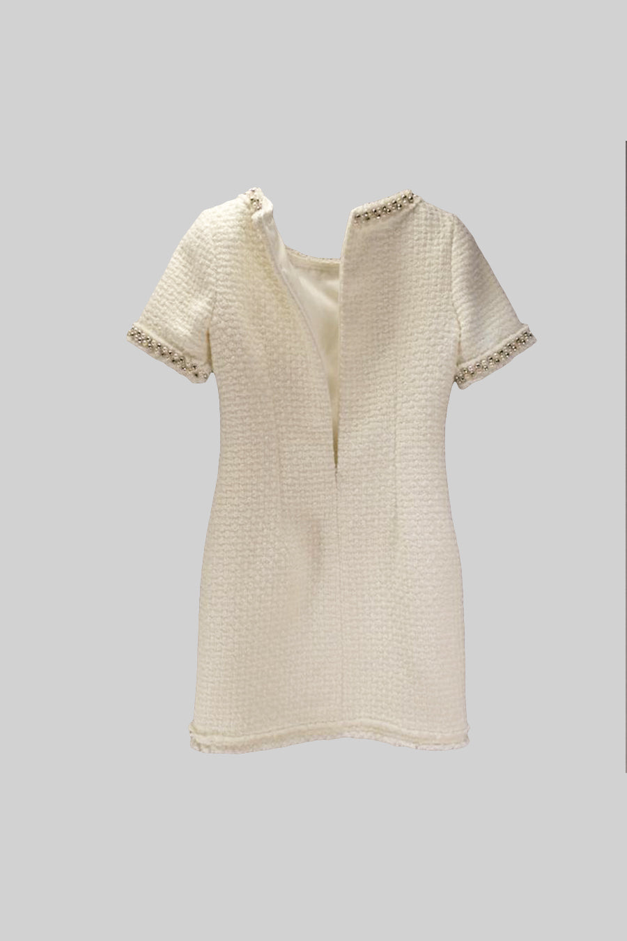 Short Sleeve Knitted Dress With Beaded Details - Ivoire