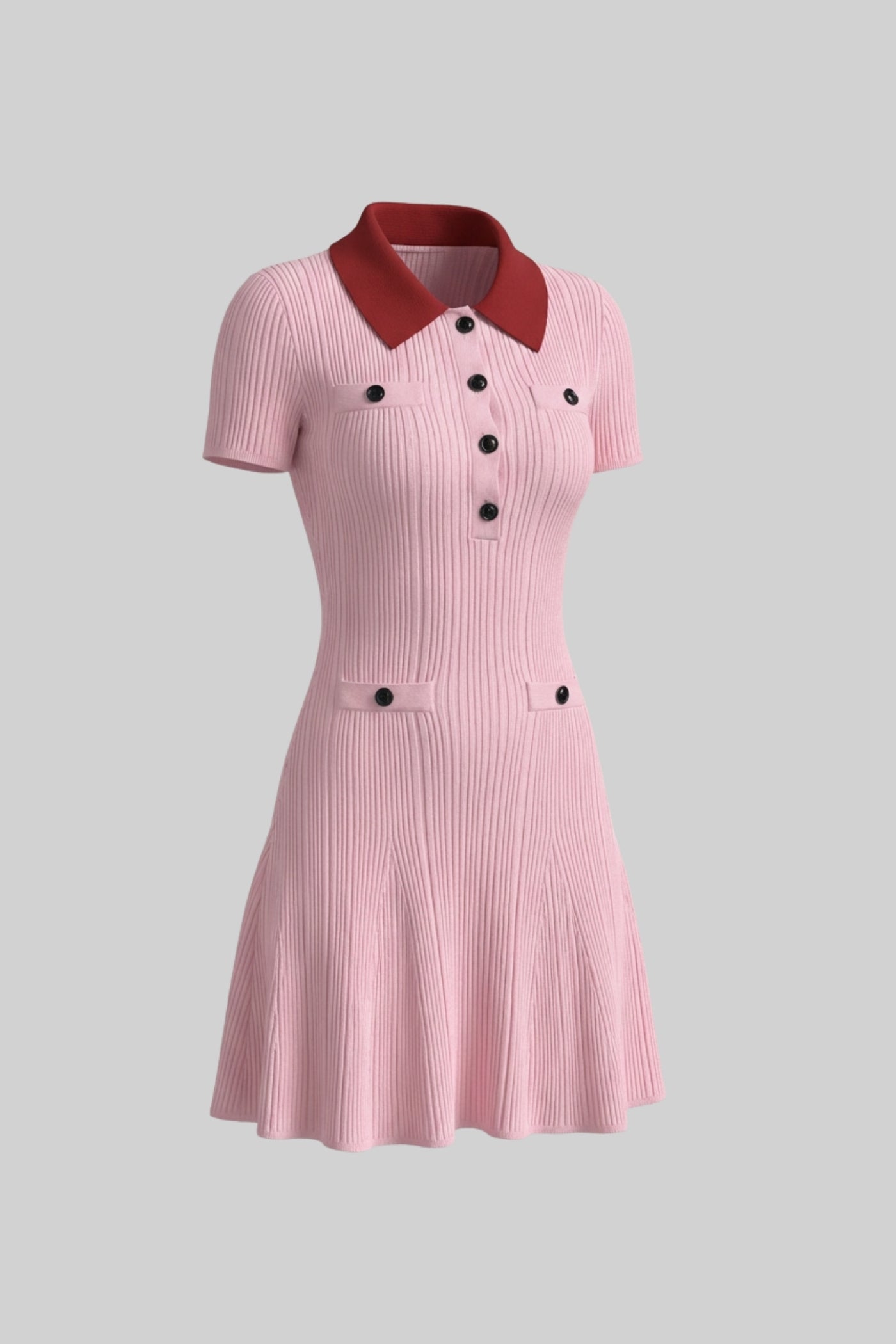 Ribbed Short Sleeve Mini Dress With Contrast Collar And Button Front Detail - Blush Pink