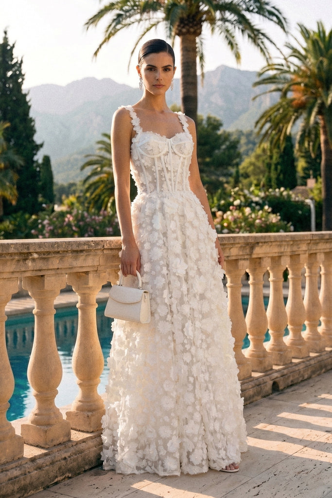 Floral Appliqué Maxi Dress With Corset Bodice - White