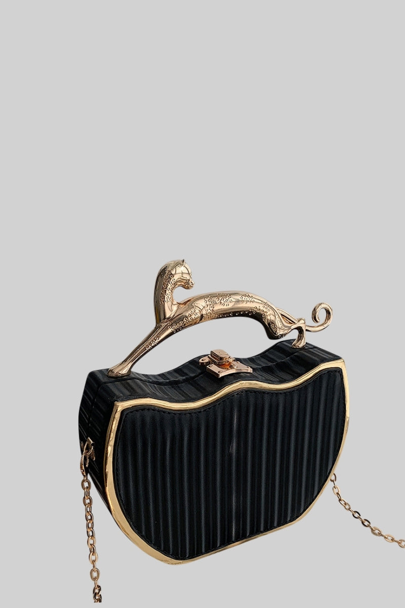 Metallic Box Bag with Leopard Detail - Black