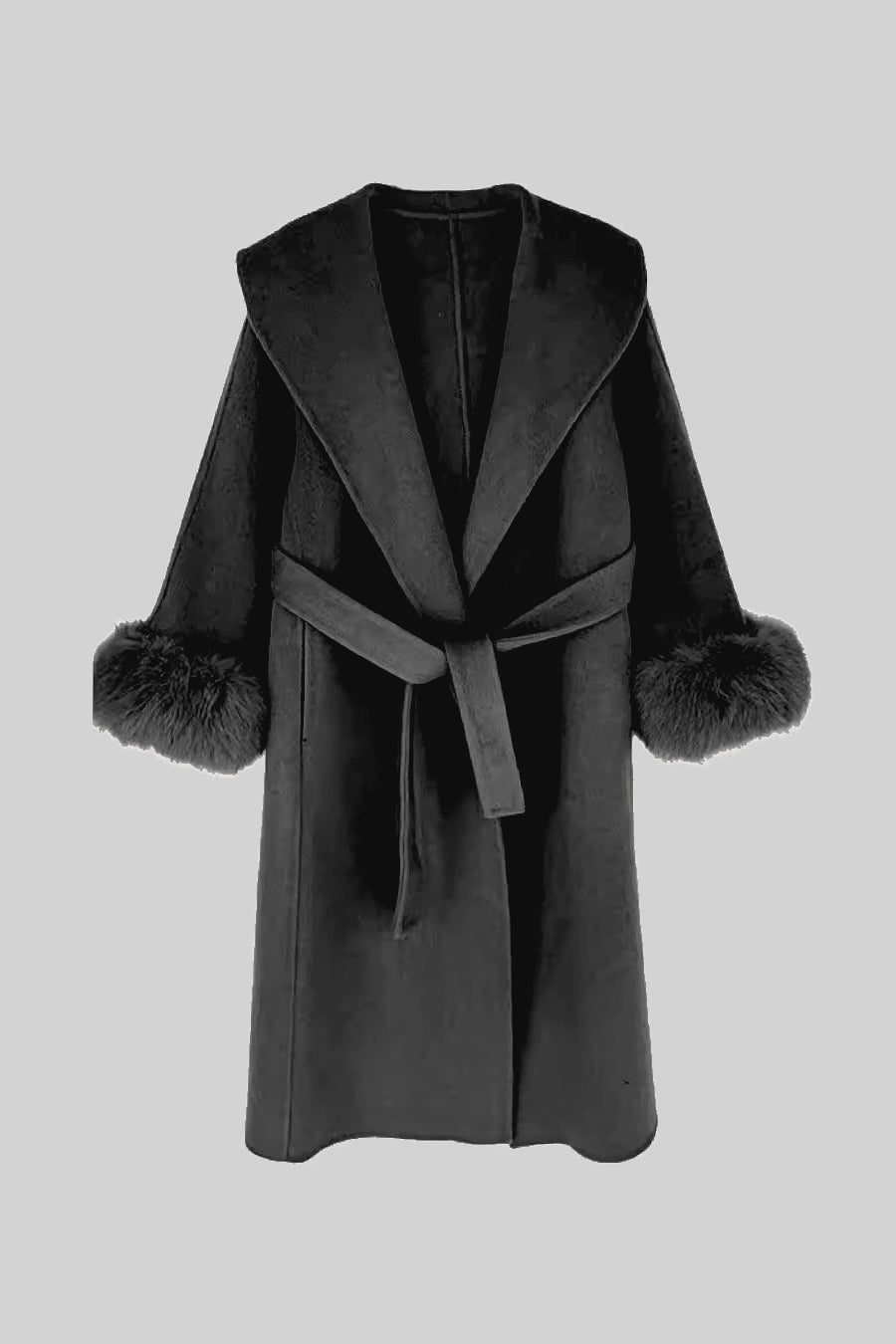 Luxurious Cashmere Long Coat With Fox Fur Cuffs - Black