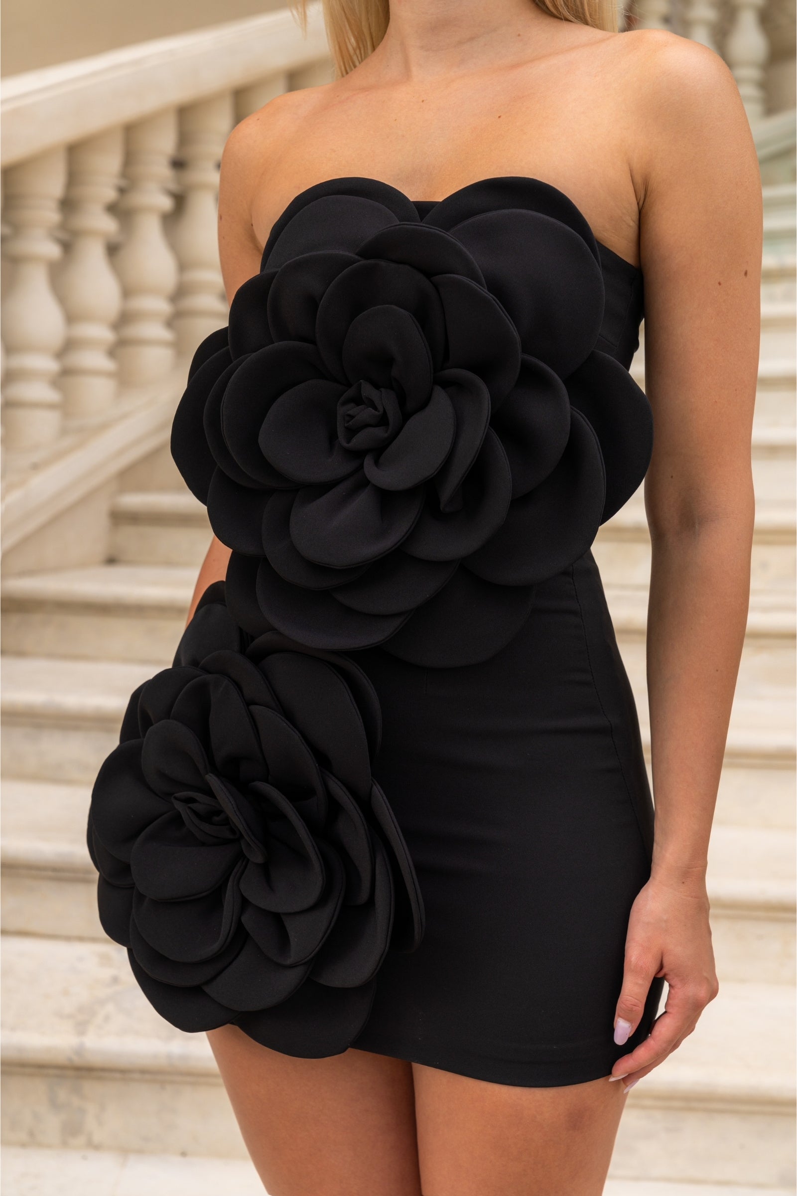 Voluminous Floral Design Mini Dress - Black