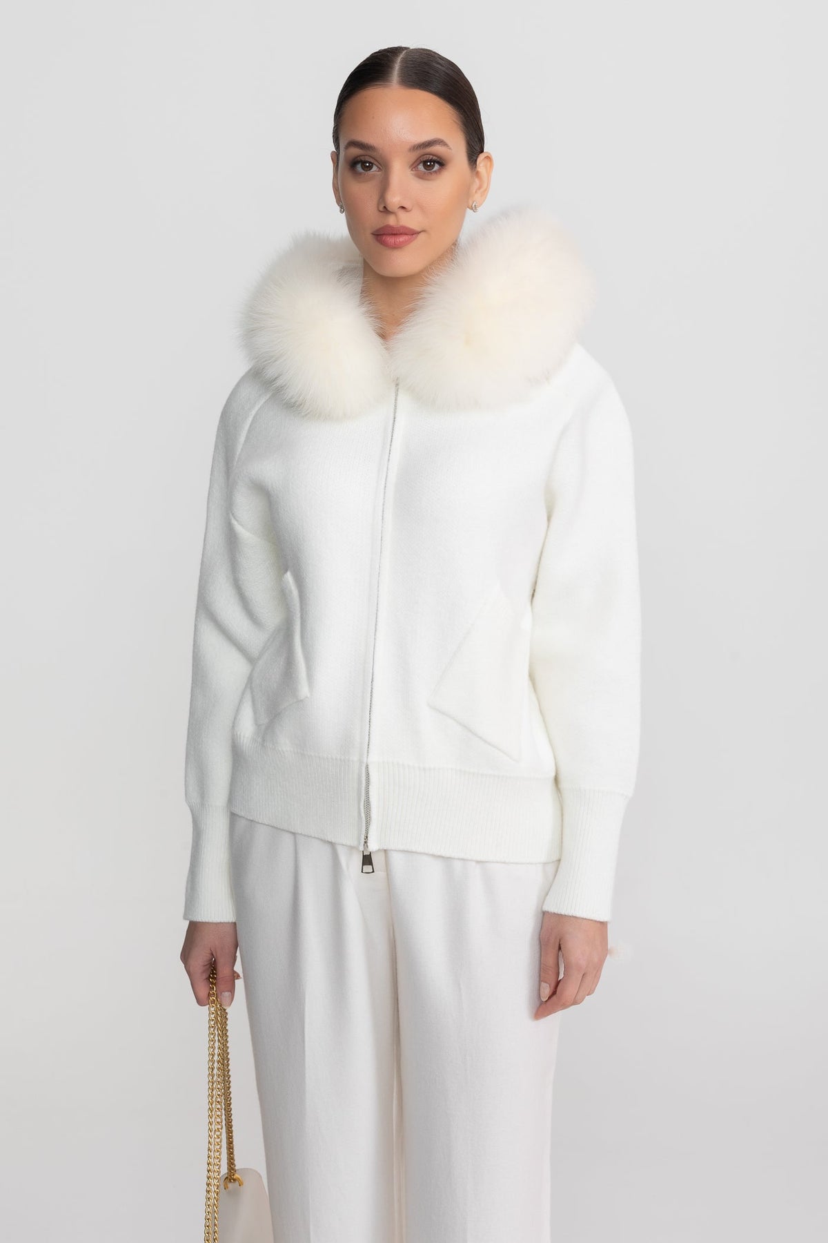 Zip-Up Wool Hoodie With Fox Fur Collar – Ivoire