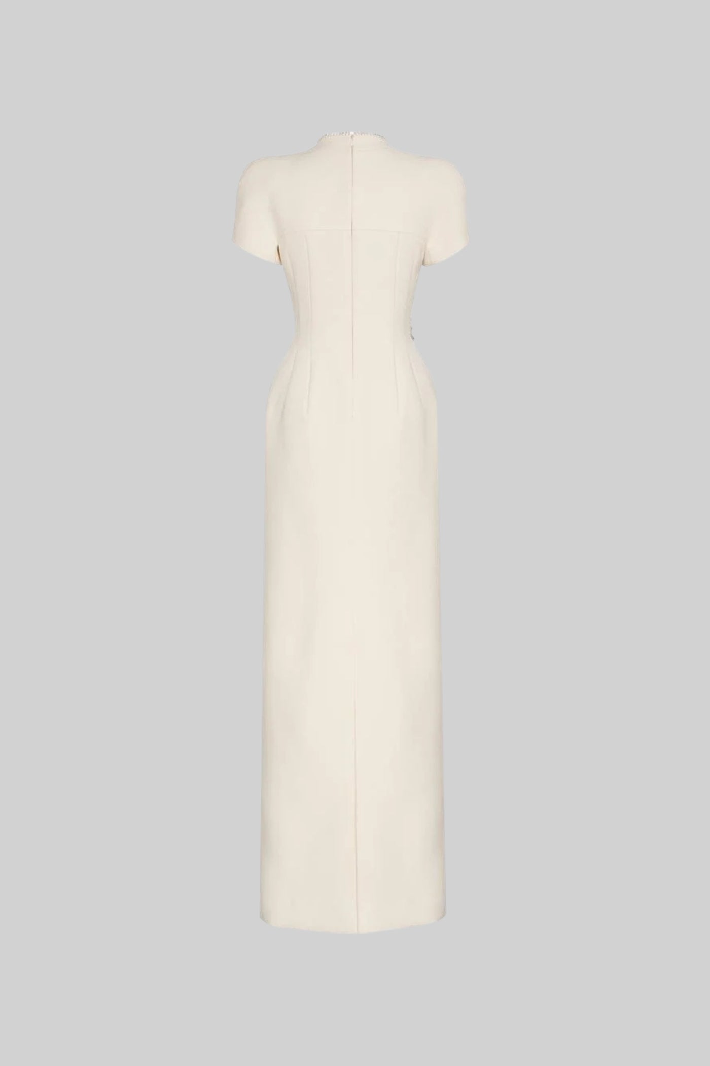 Short Sleeve Midi Dress With High Split Neckline And Sparkling Embellishments - Ivoire