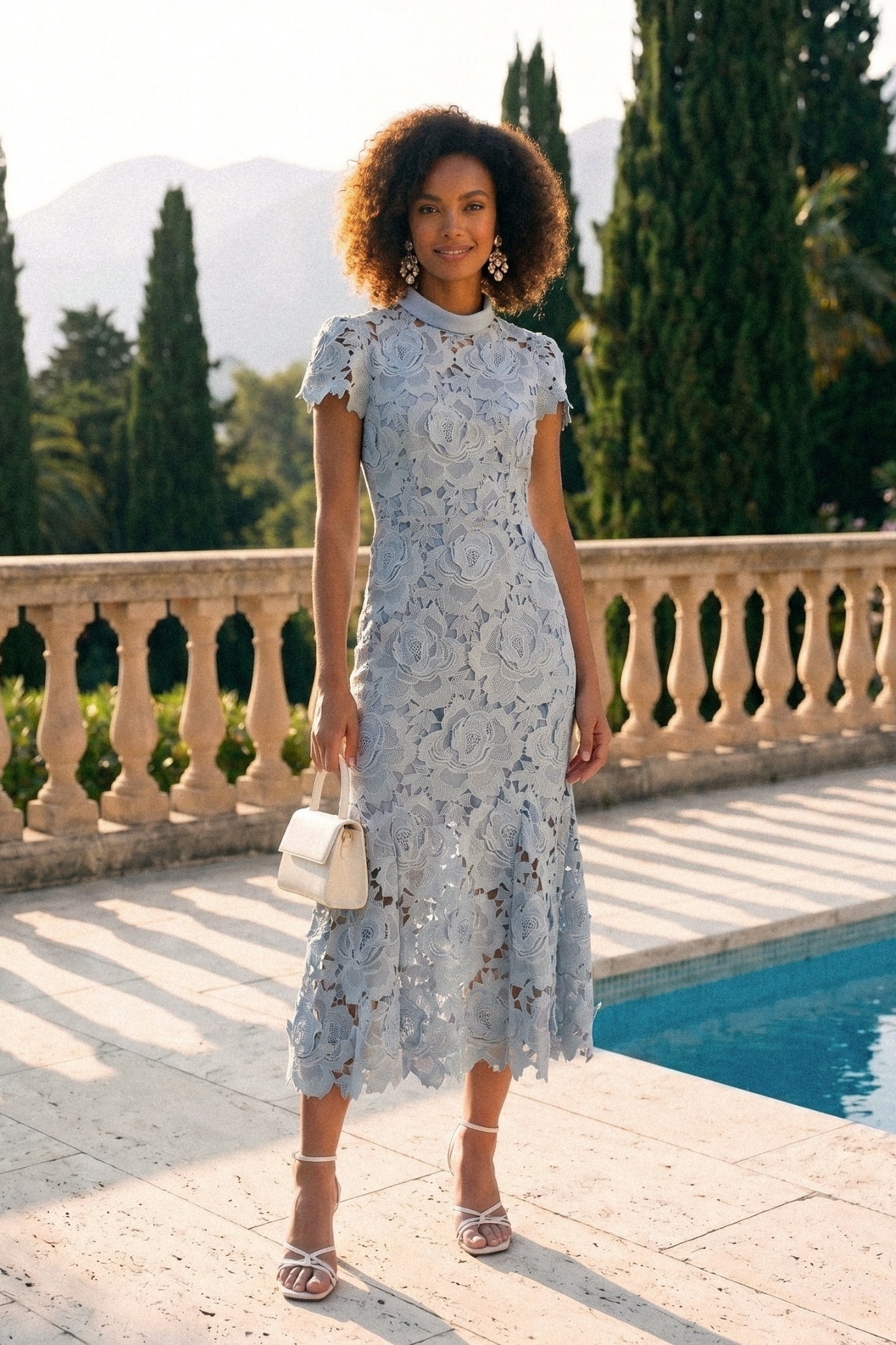 Floral Pattern Lace Dress With High Collar And Midi Skirt - Blue