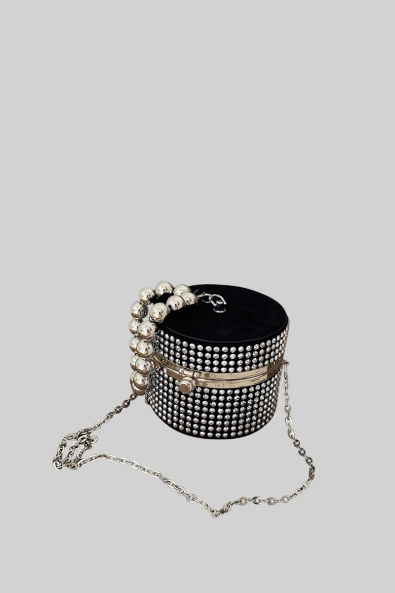 Circular Metallic bag with stones and pearls - Silver