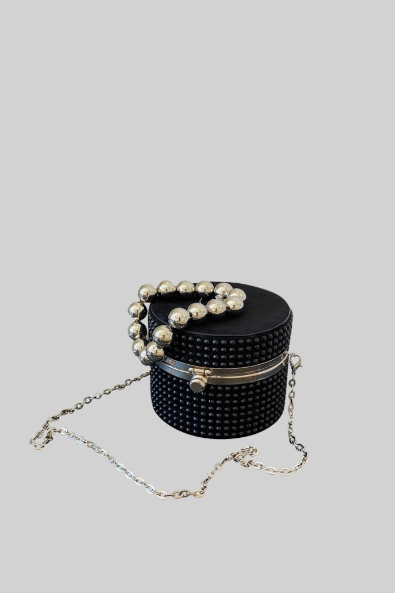 Circular Metallic bag with stones and pearls - Black