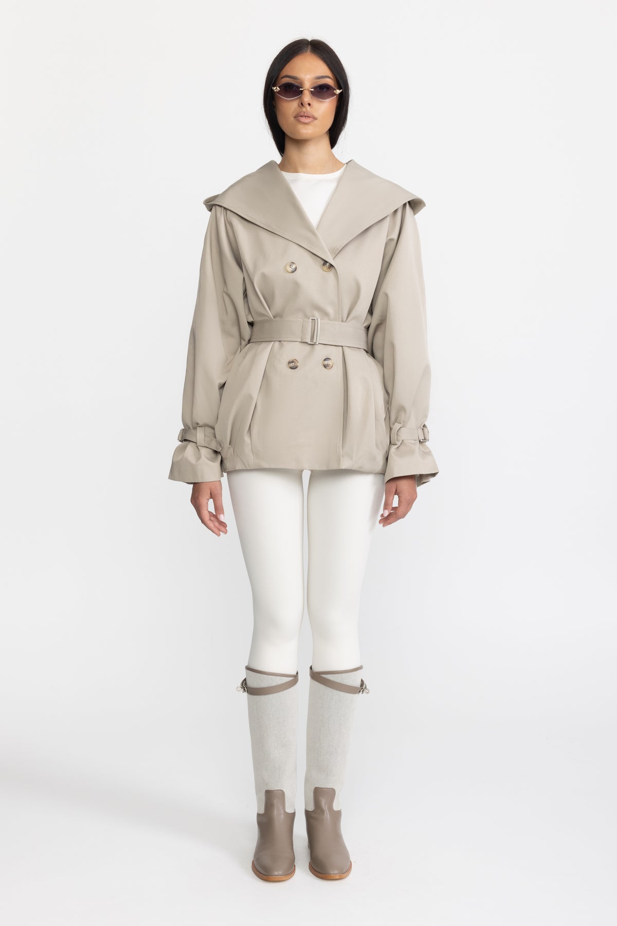 Hooded Double-Breasted Belted Trench Jacket - Stone